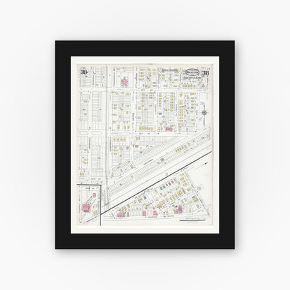 Old map wall art mockup — black gallery frame with white mat — Sanborn Fire Insurance Map from Waukegan, Lake County, Illinois (1924), Sheet #0038