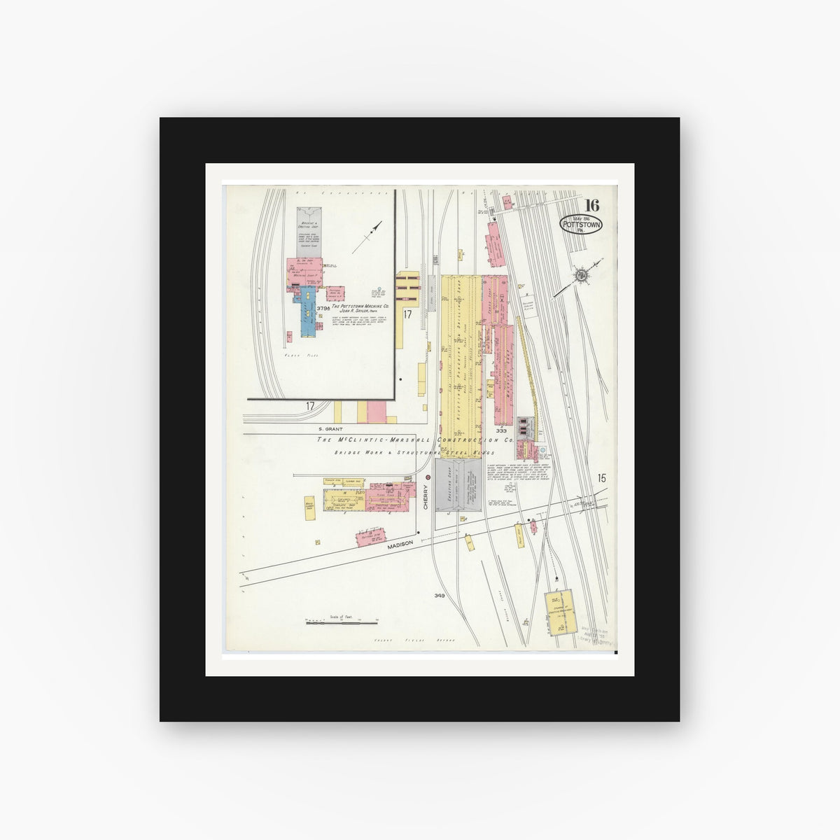 Old map wall art mockup — black gallery frame with white mat — Sanborn Fire Insurance Map from Pottstown, Montgomery County, Pennsylvania (1916), Sheet #0016