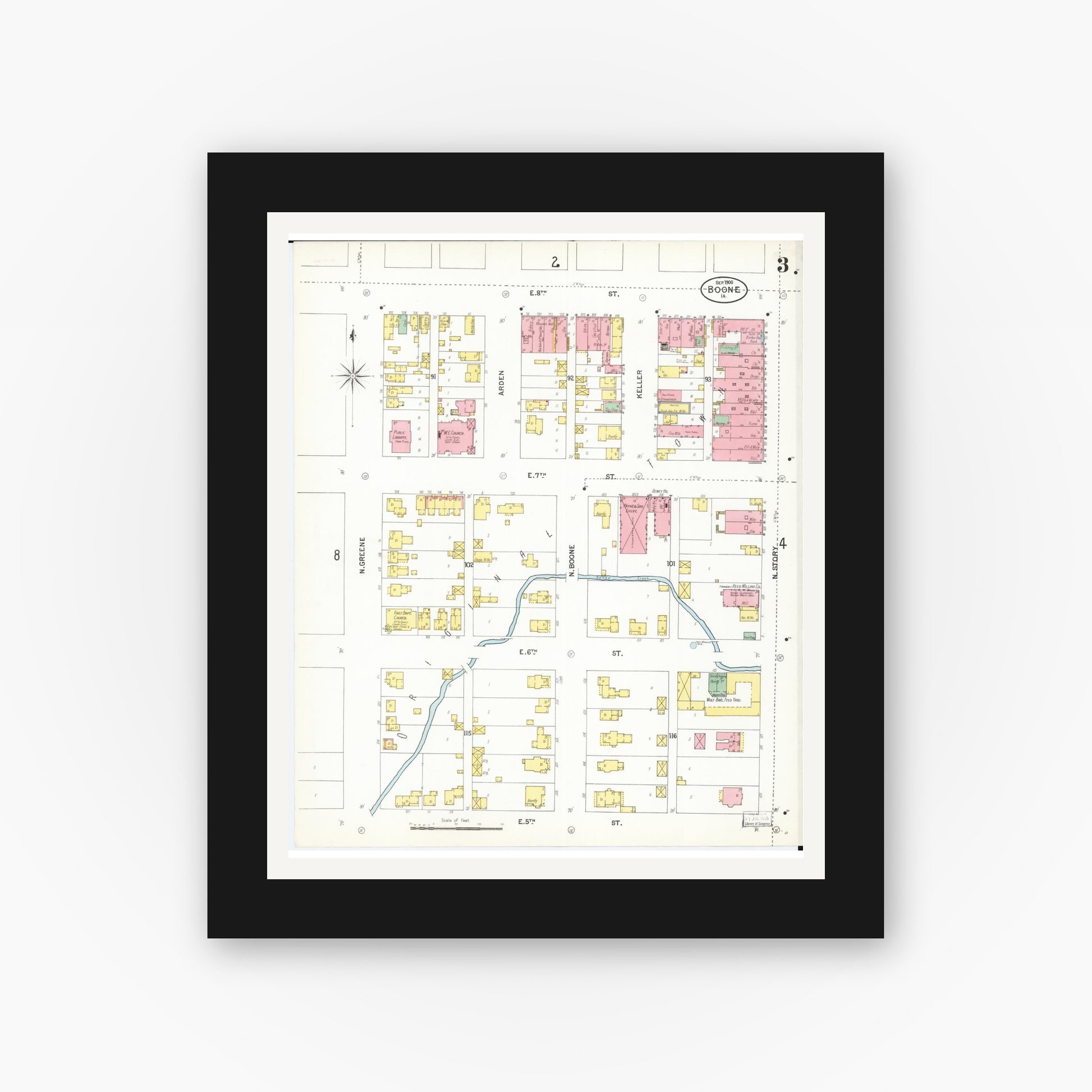 Old map wall art mockup — black gallery frame with white mat — Sanborn Fire Insurance Map from Boone, Boone County, Iowa (1900), Sheet #0003