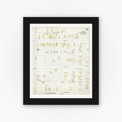 Old map wall art mockup — black gallery frame with white mat — Sanborn Fire Insurance Map from Fond du Lac, Fond du Lac County, Wisconsin (1898), Sheet #0021