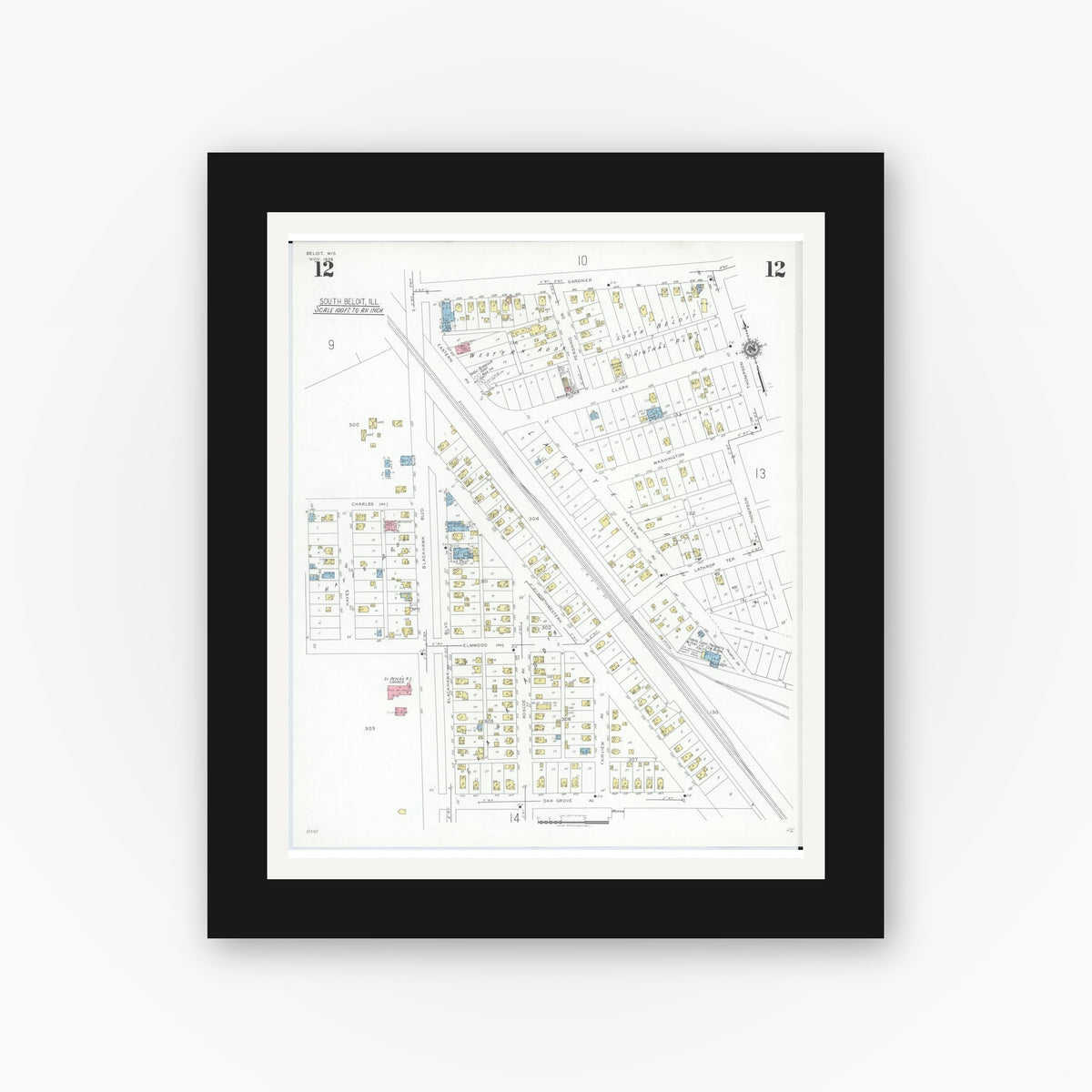 Old map wall art mockup — black gallery frame with white mat — Sanborn Fire Insurance Map from Beloit, Rock County, Wisconsin (1939), Sheet #0012