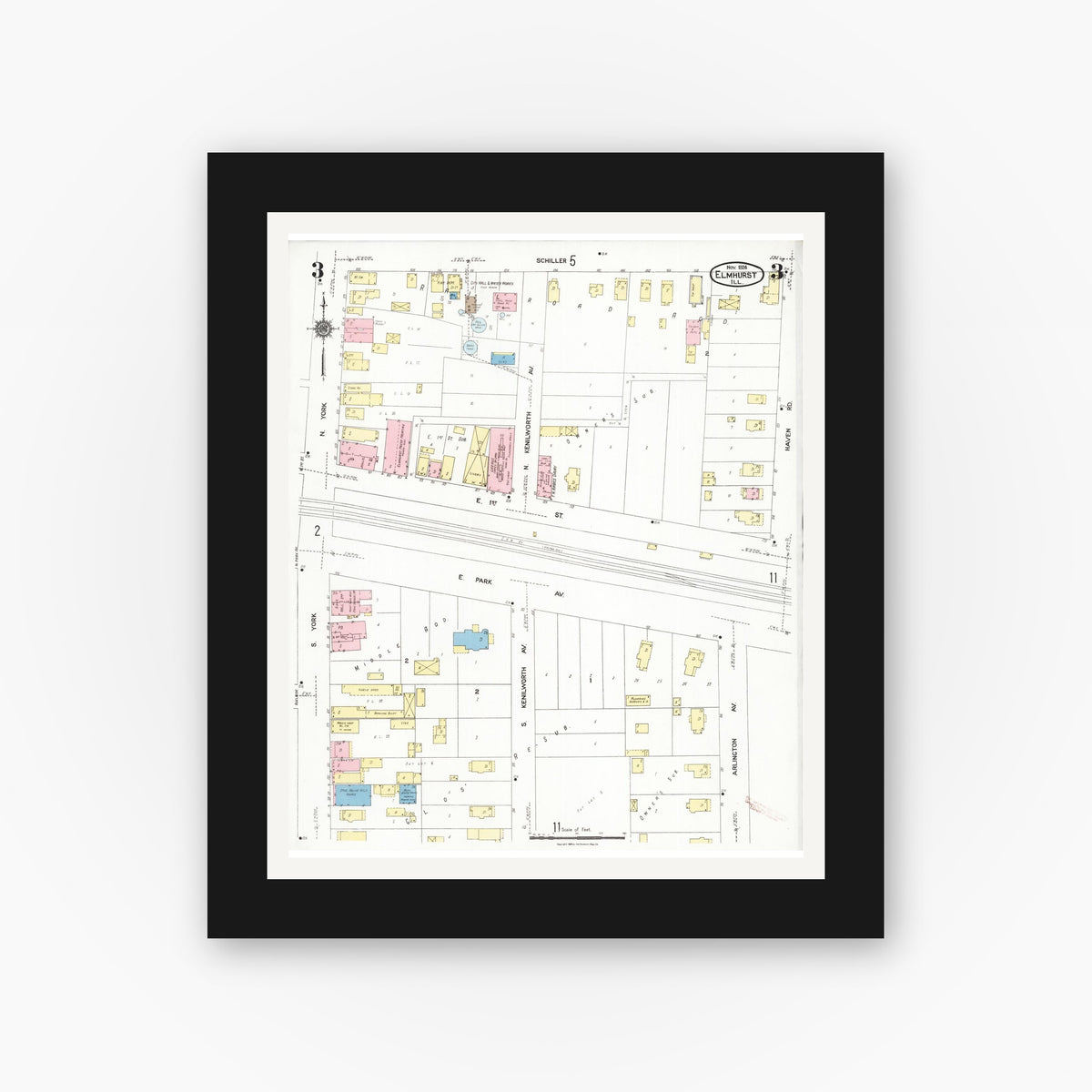 Old map wall art mockup — black gallery frame with white mat — Sanborn Fire Insurance Map from Elmhurst, Du Page County, Illinois (1924), Sheet #0003