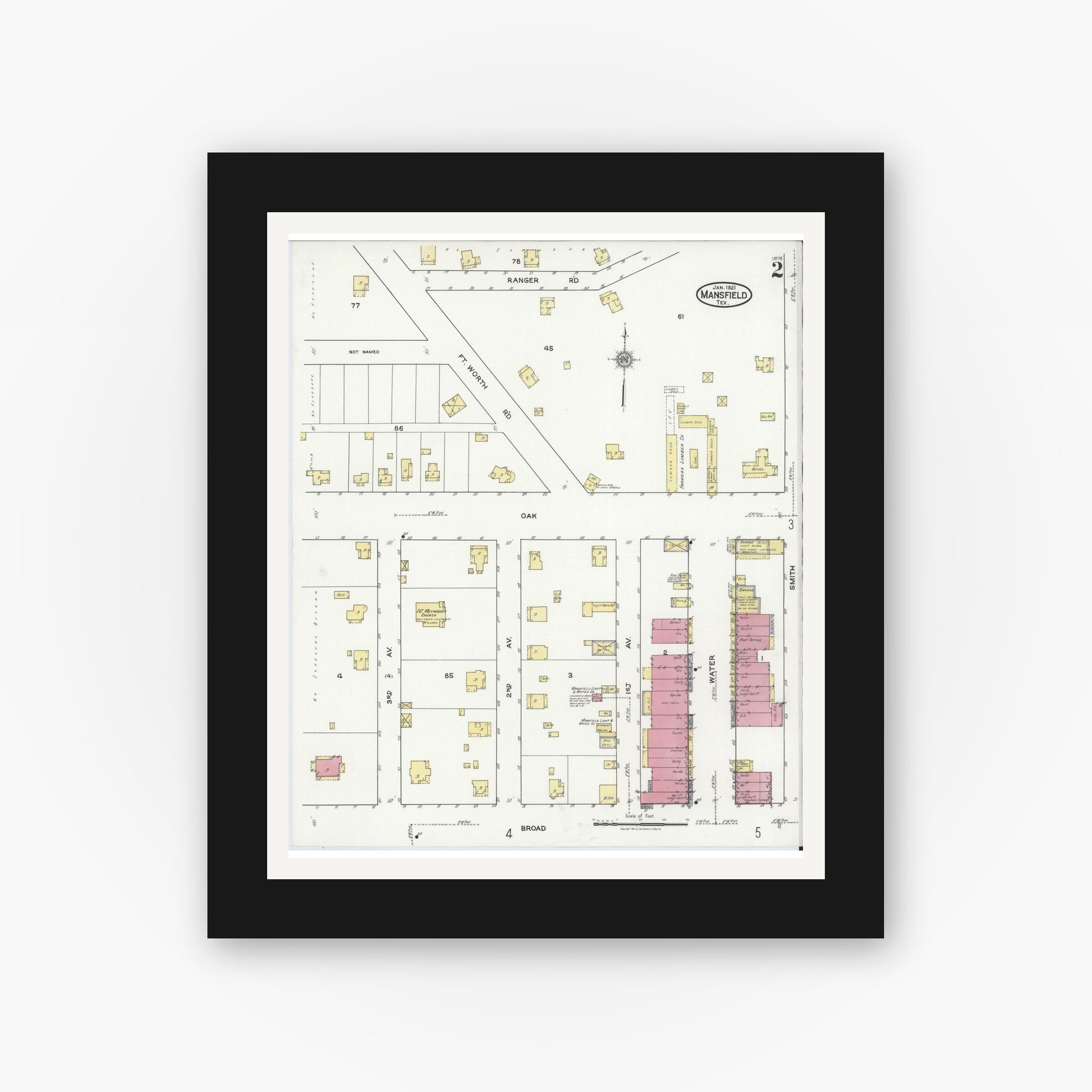 Old map wall art mockup — black gallery frame with white mat — Sanborn Fire Insurance Map from Mansfield, Tarrant County, Texas (1921), Sheet #0002