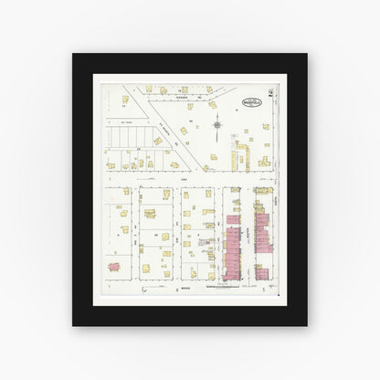 Old map wall art mockup — black gallery frame with white mat — Sanborn Fire Insurance Map from Mansfield, Tarrant County, Texas (1921), Sheet #0002