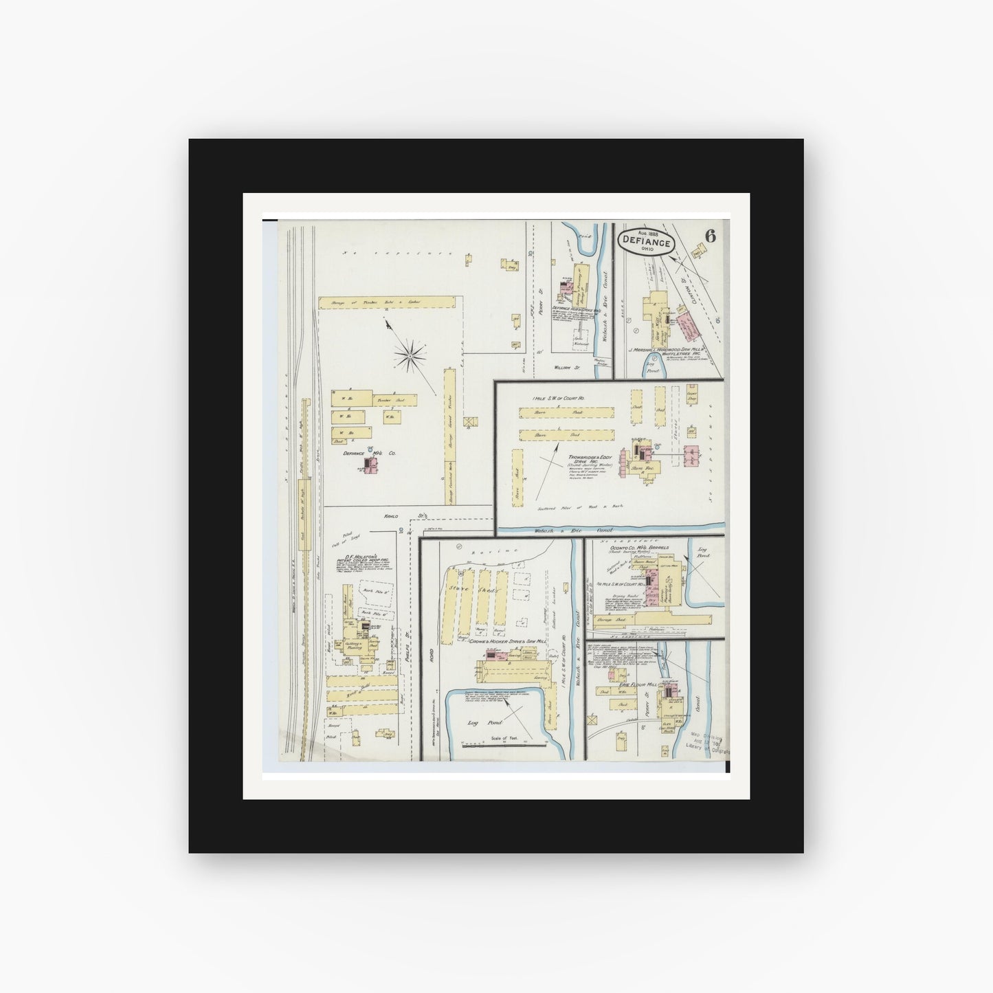 Old map wall art mockup — black gallery frame with white mat — Sanborn Fire Insurance Map from Defiance, Defiance County, Ohio (1888), Sheet #0006