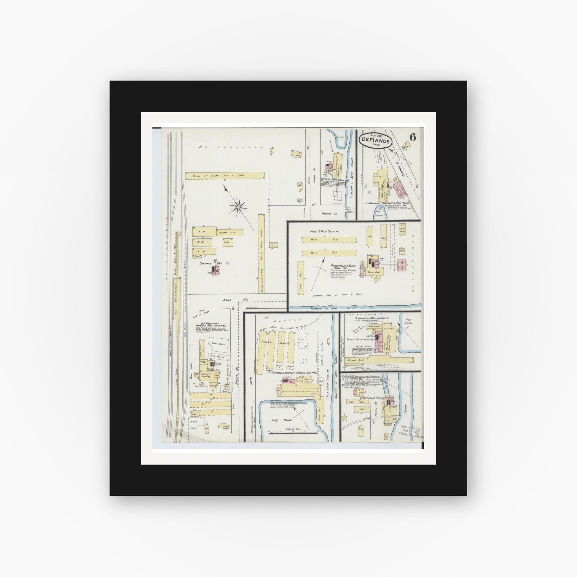 Old map wall art mockup — black gallery frame with white mat — Sanborn Fire Insurance Map from Defiance, Defiance County, Ohio (1888), Sheet #0006