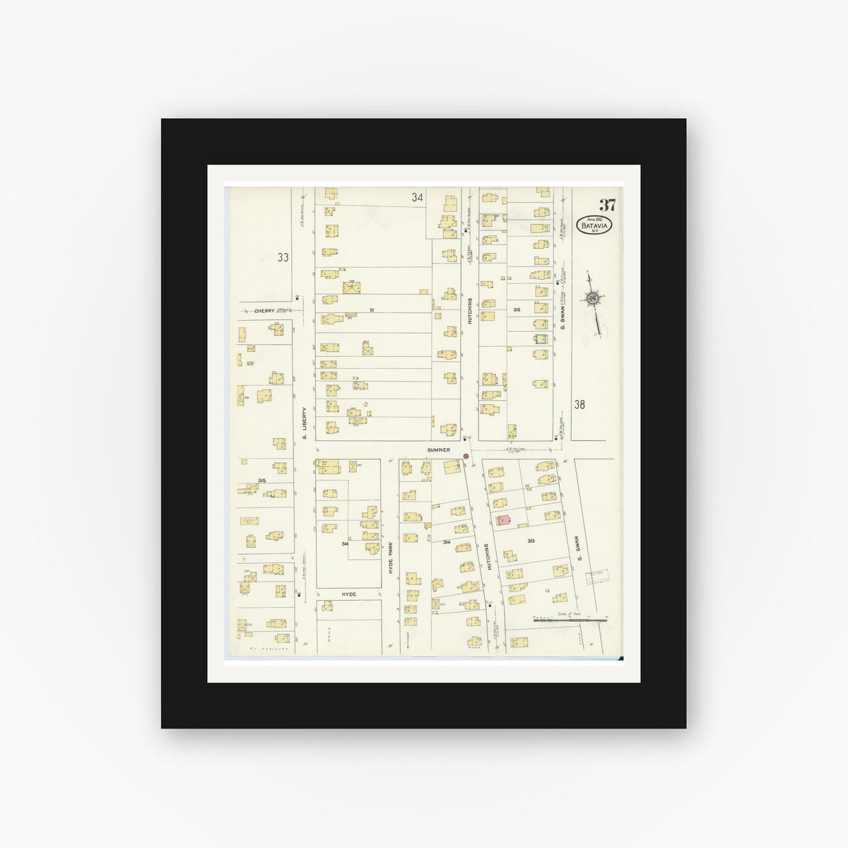 Old map wall art mockup — black gallery frame with white mat — Sanborn Fire Insurance Map from Batavia, Genesee County, New York (1912), Sheet #0037
