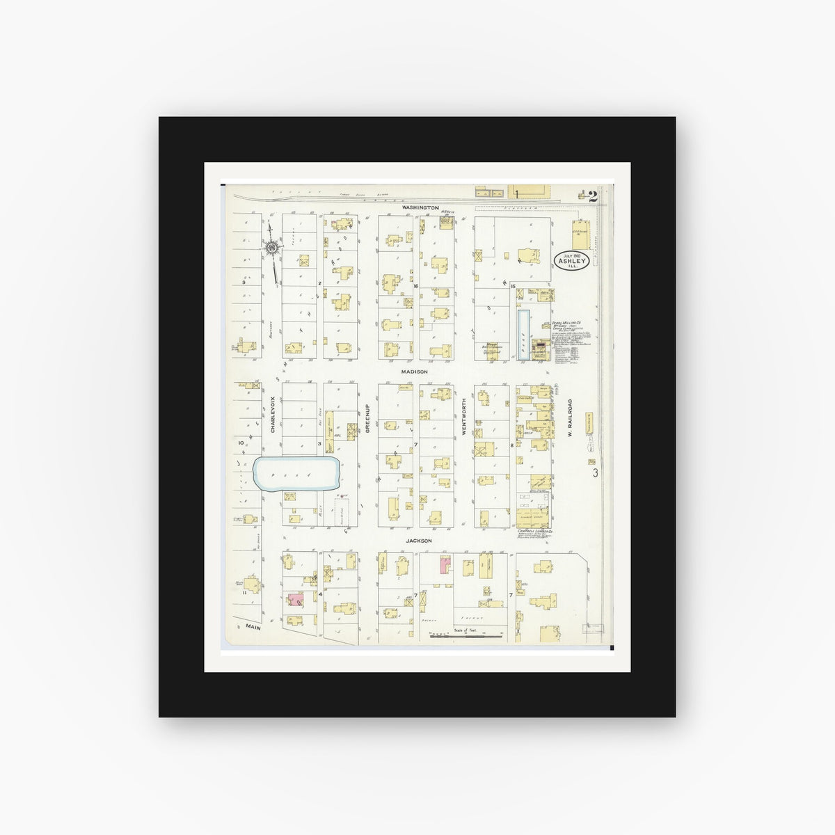 Old map wall art mockup — black gallery frame with white mat — Sanborn Fire Insurance Map from Ashley, Washington County, Illinois (1910), Sheet #0002