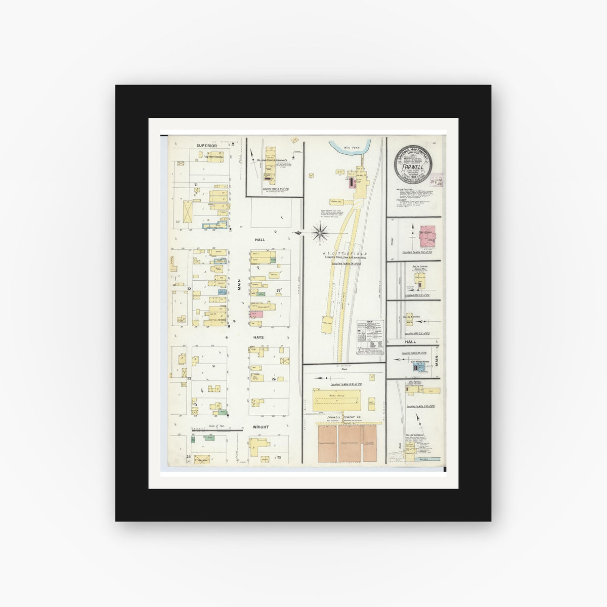 Old map wall art mockup — black gallery frame with white mat — Sanborn Fire Insurance Map from Farwell, Clare County, Michigan (1908), Sheet #0001
