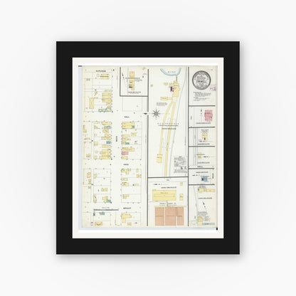 Old map wall art mockup — black gallery frame with white mat — Sanborn Fire Insurance Map from Farwell, Clare County, Michigan (1908), Sheet #0001