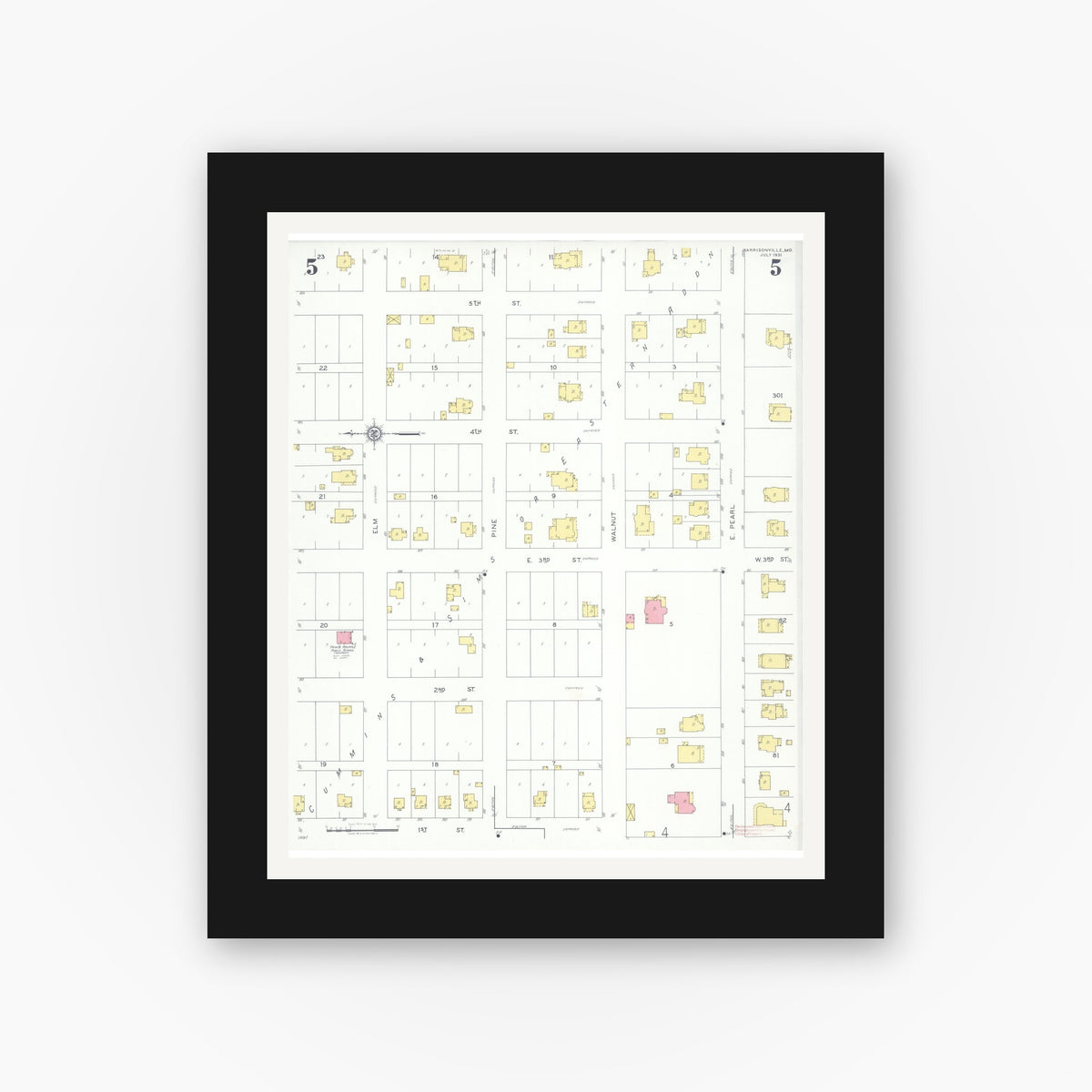 Old map wall art mockup — black gallery frame with white mat — Sanborn Fire Insurance Map from Harrisonville, Cass County, Missouri (1931), Sheet #0005