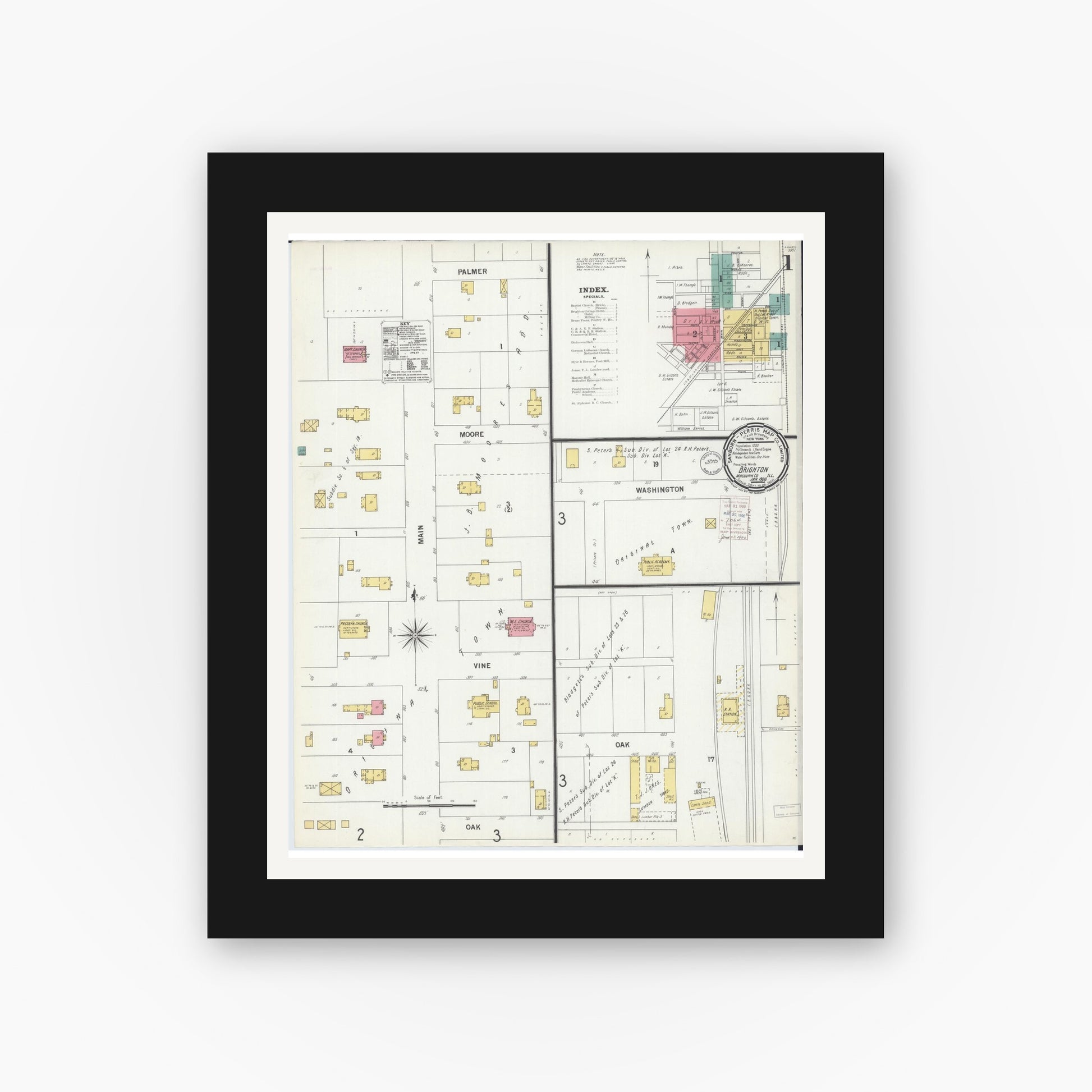Old map wall art mockup — black gallery frame with white mat — Sanborn Fire Insurance Map from Brighton, Macoupin County, Illinois (1900), Sheet #0001