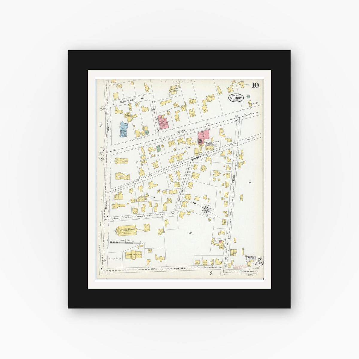 Old map wall art mockup — black gallery frame with white mat — Sanborn Fire Insurance Map from Quincy, Norfolk County, Massachusetts (1901), Sheet #0010