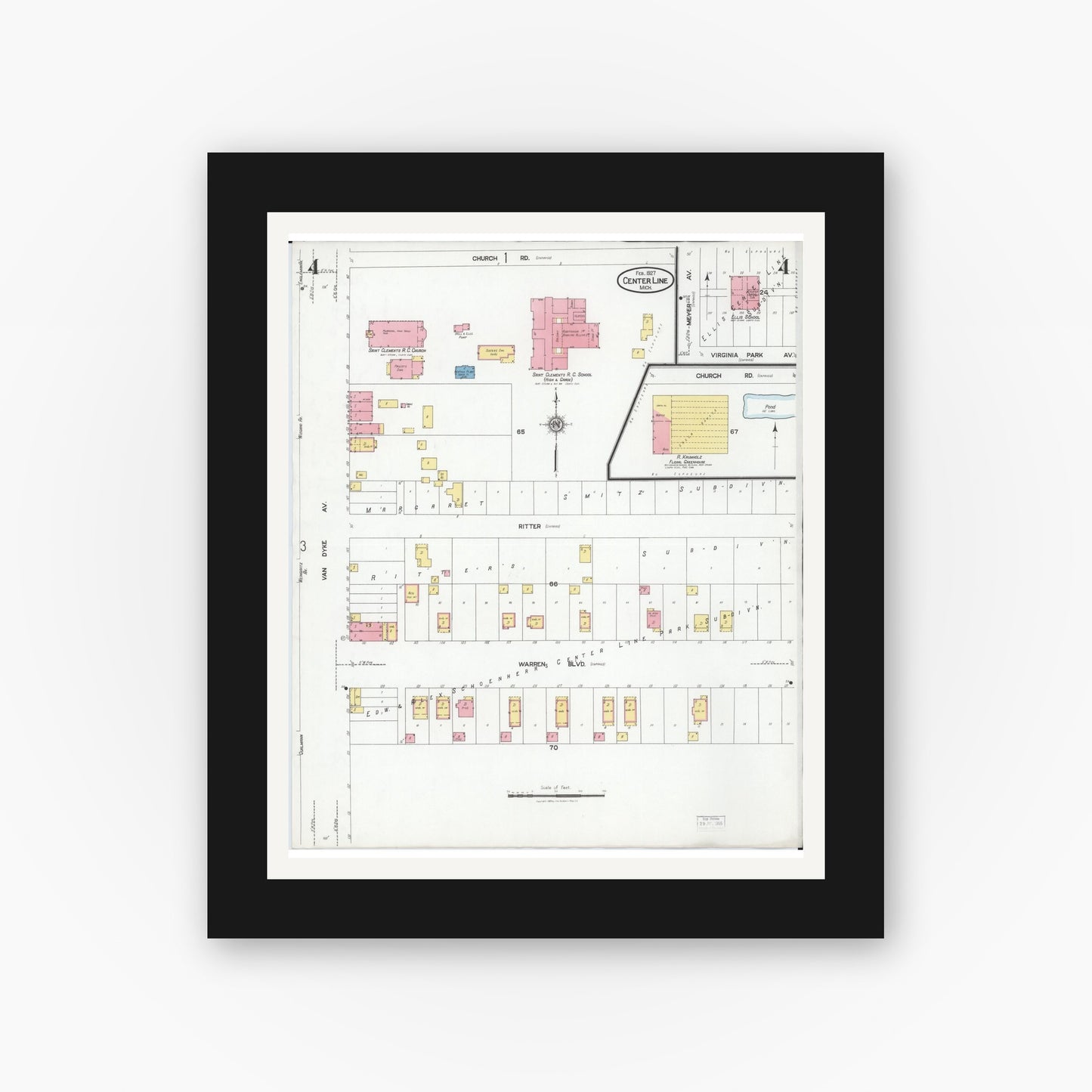 Old map wall art mockup — black gallery frame with white mat — Sanborn Fire Insurance Map from Center Line, Macomb County, Michigan (1927), Sheet #0004