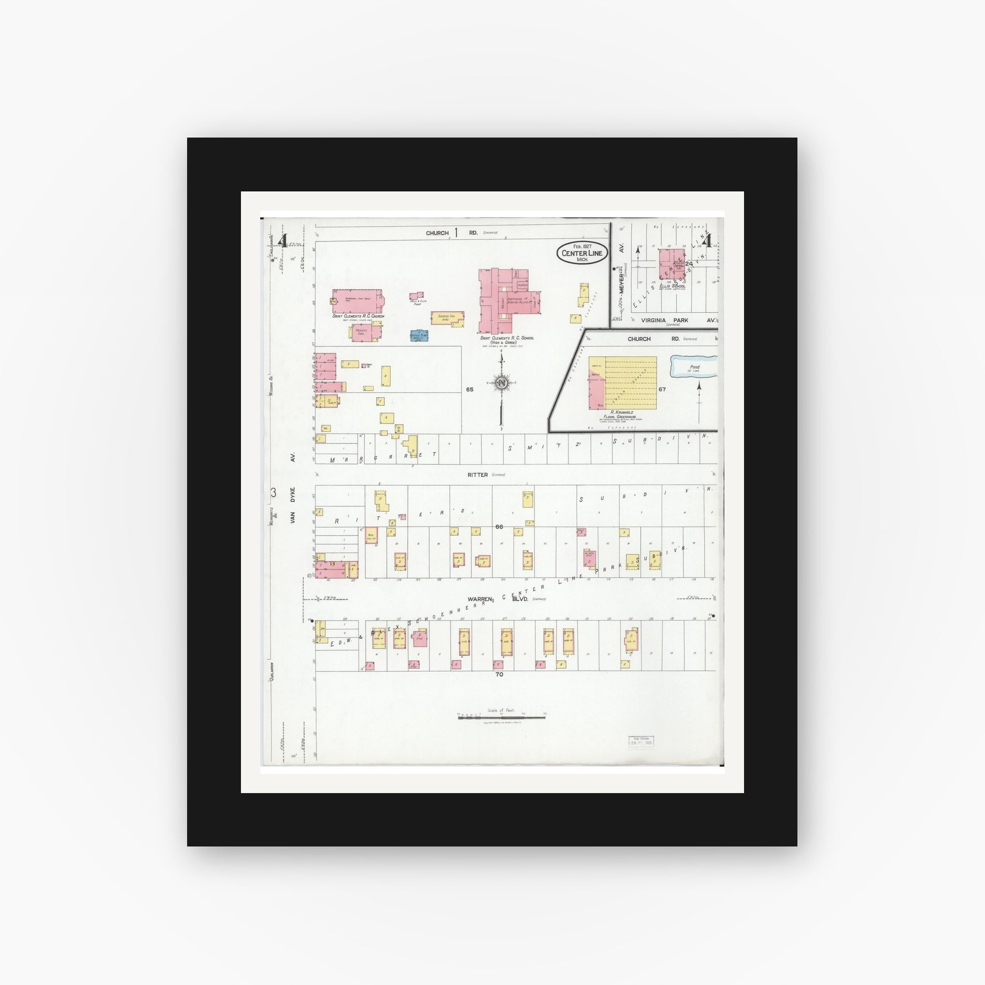 Old map wall art mockup — black gallery frame with white mat — Sanborn Fire Insurance Map from Center Line, Macomb County, Michigan (1927), Sheet #0004