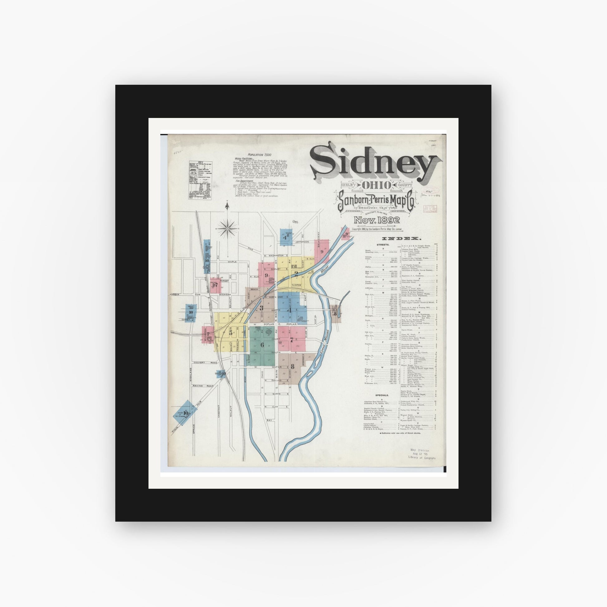 Old map wall art mockup — black gallery frame with white mat — Sanborn Fire Insurance Map from Sidney, Shelby County, Ohio (1892) - Complete Map Set