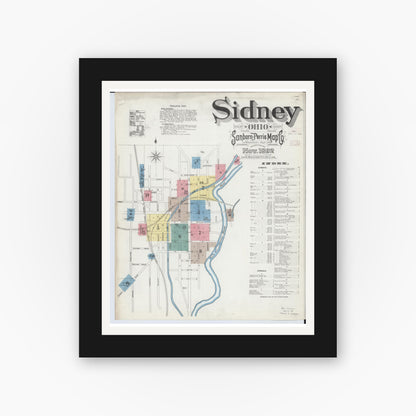 Old map wall art mockup — black gallery frame with white mat — Sanborn Fire Insurance Map from Sidney, Shelby County, Ohio (1892) - Complete Map Set