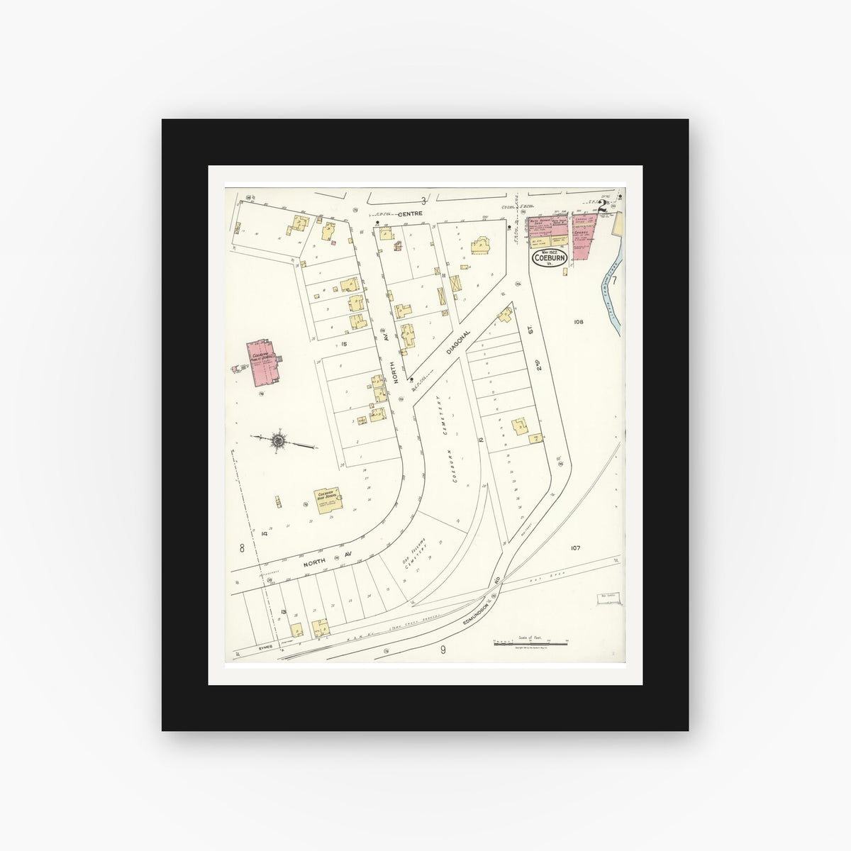 Old map wall art mockup — black gallery frame with white mat — Sanborn Fire Insurance Map from Coeburn, Wise County, Virginia (1922), Sheet #0002