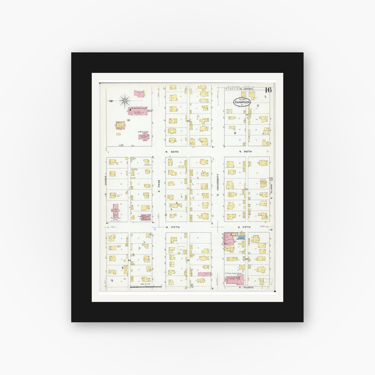 Old map wall art mockup — black gallery frame with white mat — Sanborn Fire Insurance Map from Champaign, Champaign County, Illinois (1909), Sheet #0016