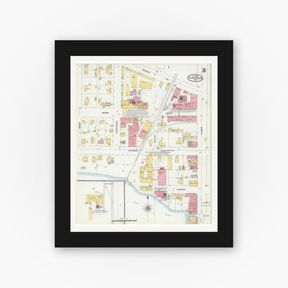 Old map wall art mockup — black gallery frame with white mat — Sanborn Fire Insurance Map from Fort Atkinson, Jefferson County, Wisconsin (1904), Sheet #0003