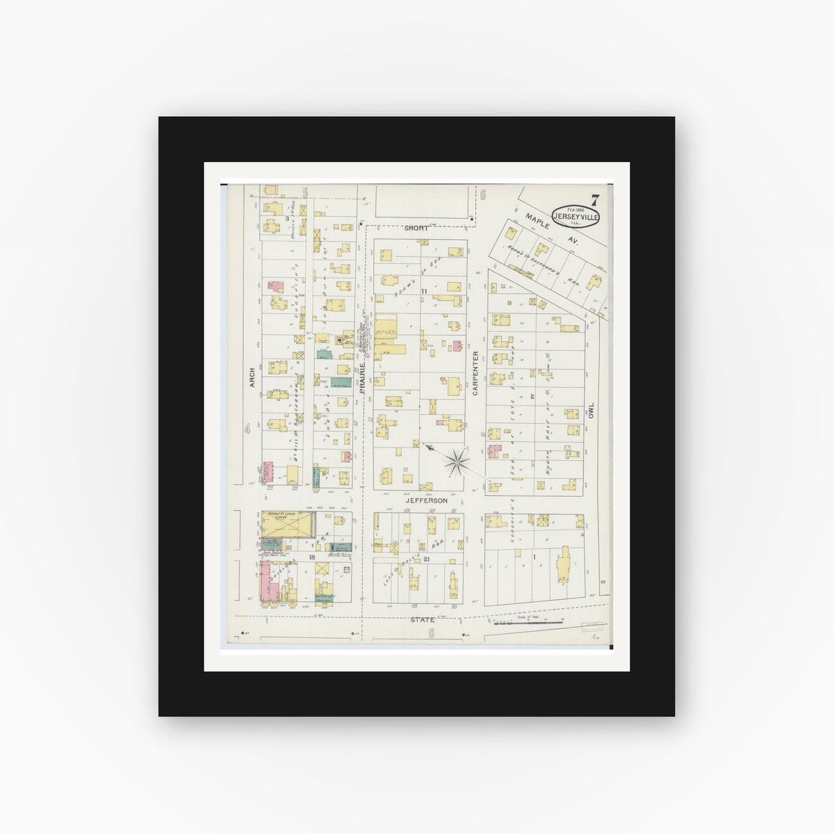 Old map wall art mockup — black gallery frame with white mat — Sanborn Fire Insurance Map from Jerseyville, Jersey County, Illinois (1894), Sheet #0007