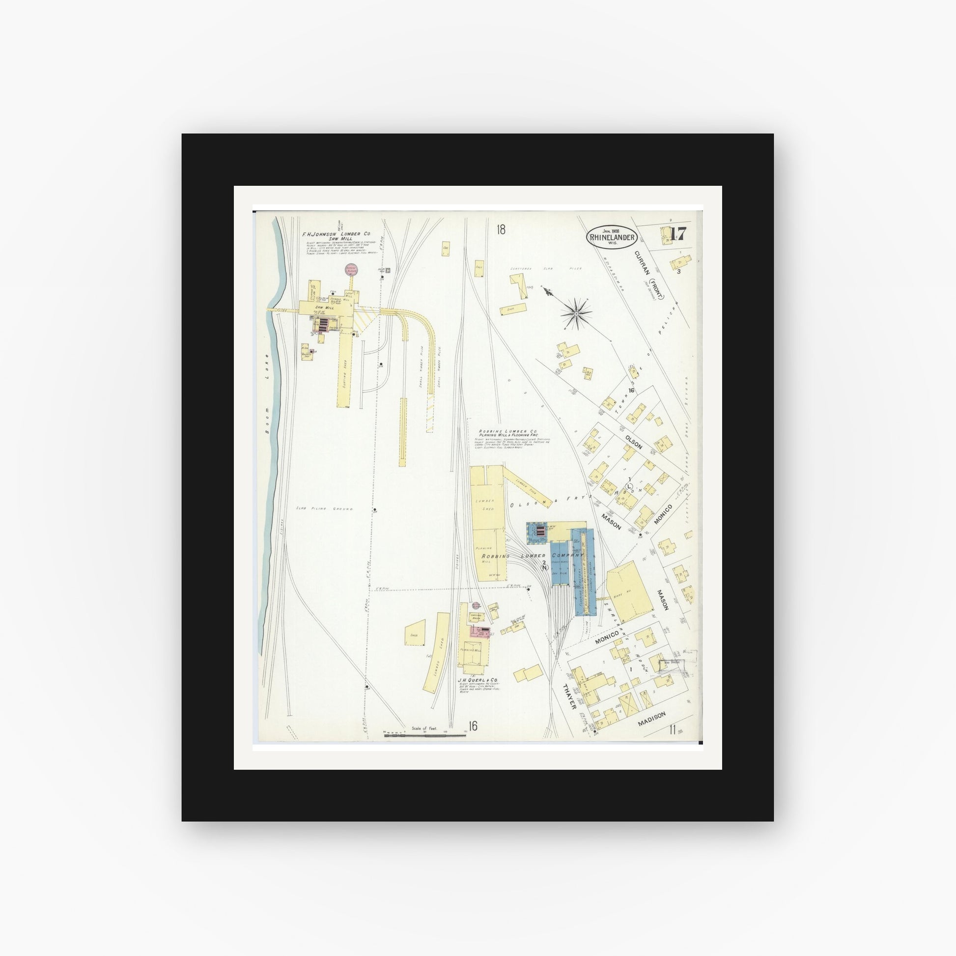 Old map wall art mockup — black gallery frame with white mat — Sanborn Fire Insurance Map from Rhinelander, Oneida County, Wisconsin (1908), Sheet #0017