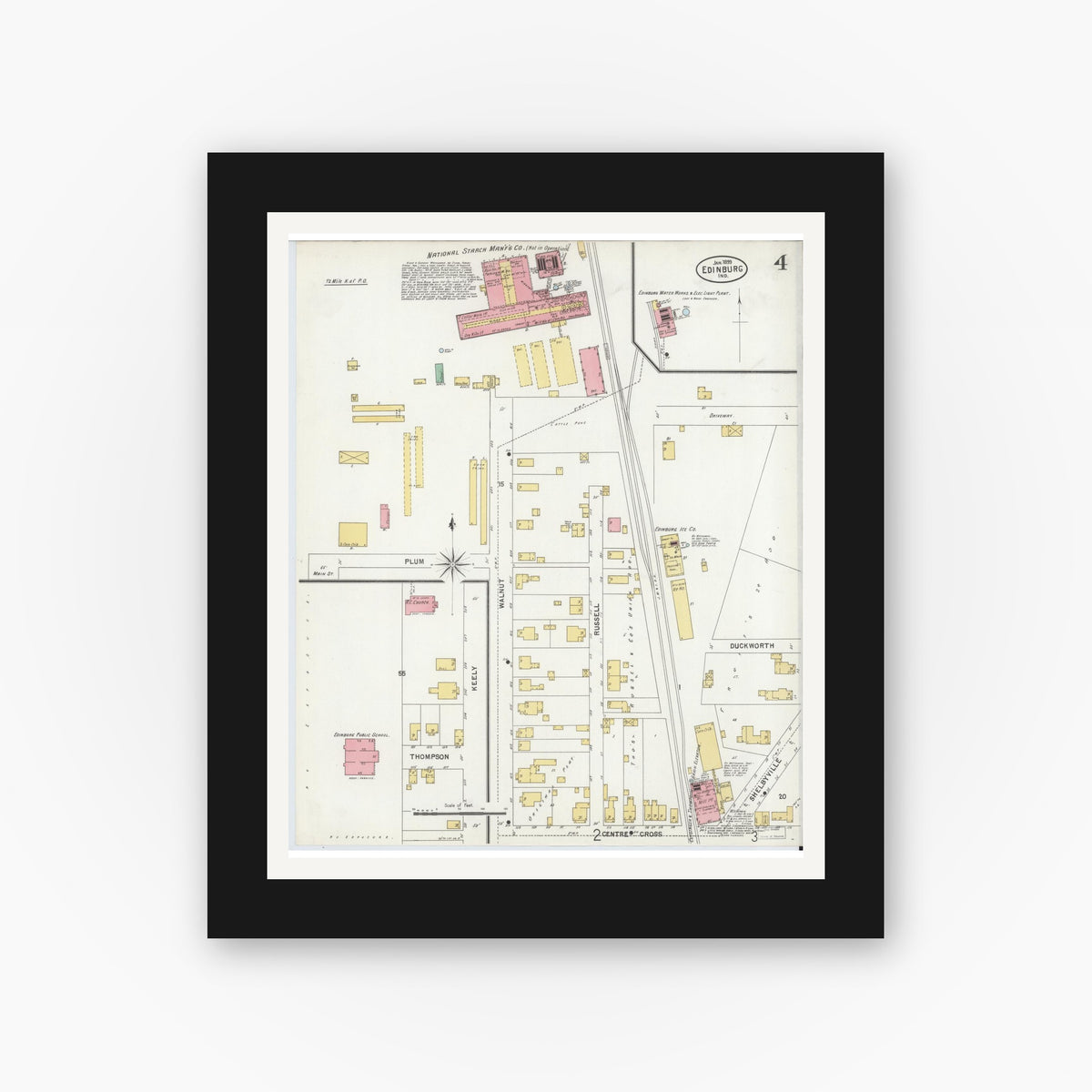Old map wall art mockup — black gallery frame with white mat — Sanborn Fire Insurance Map from Edinburg, Johnson And Bartholomew Counties, Indiana (1899), Sheet #0004