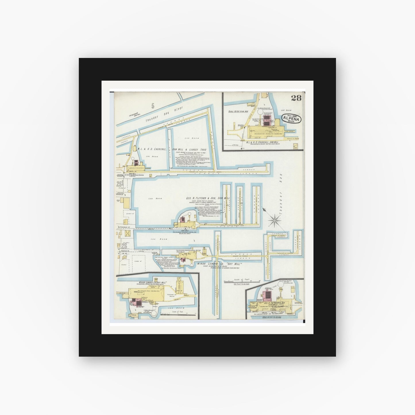 Old map wall art mockup — black gallery frame with white mat — Sanborn Fire Insurance Map from Alpena, Alpena County, Michigan (1895), Sheet #0028