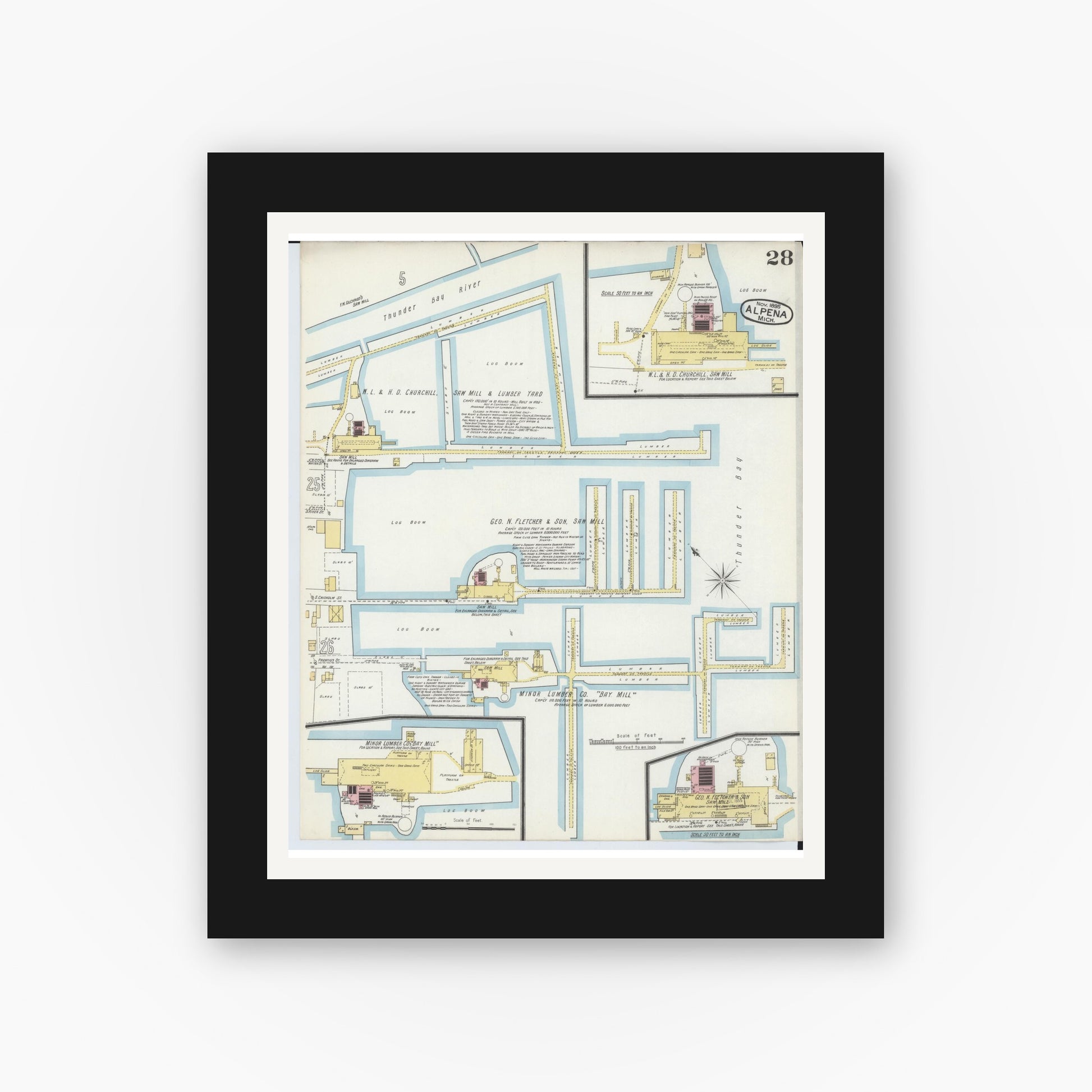Old map wall art mockup — black gallery frame with white mat — Sanborn Fire Insurance Map from Alpena, Alpena County, Michigan (1895), Sheet #0028