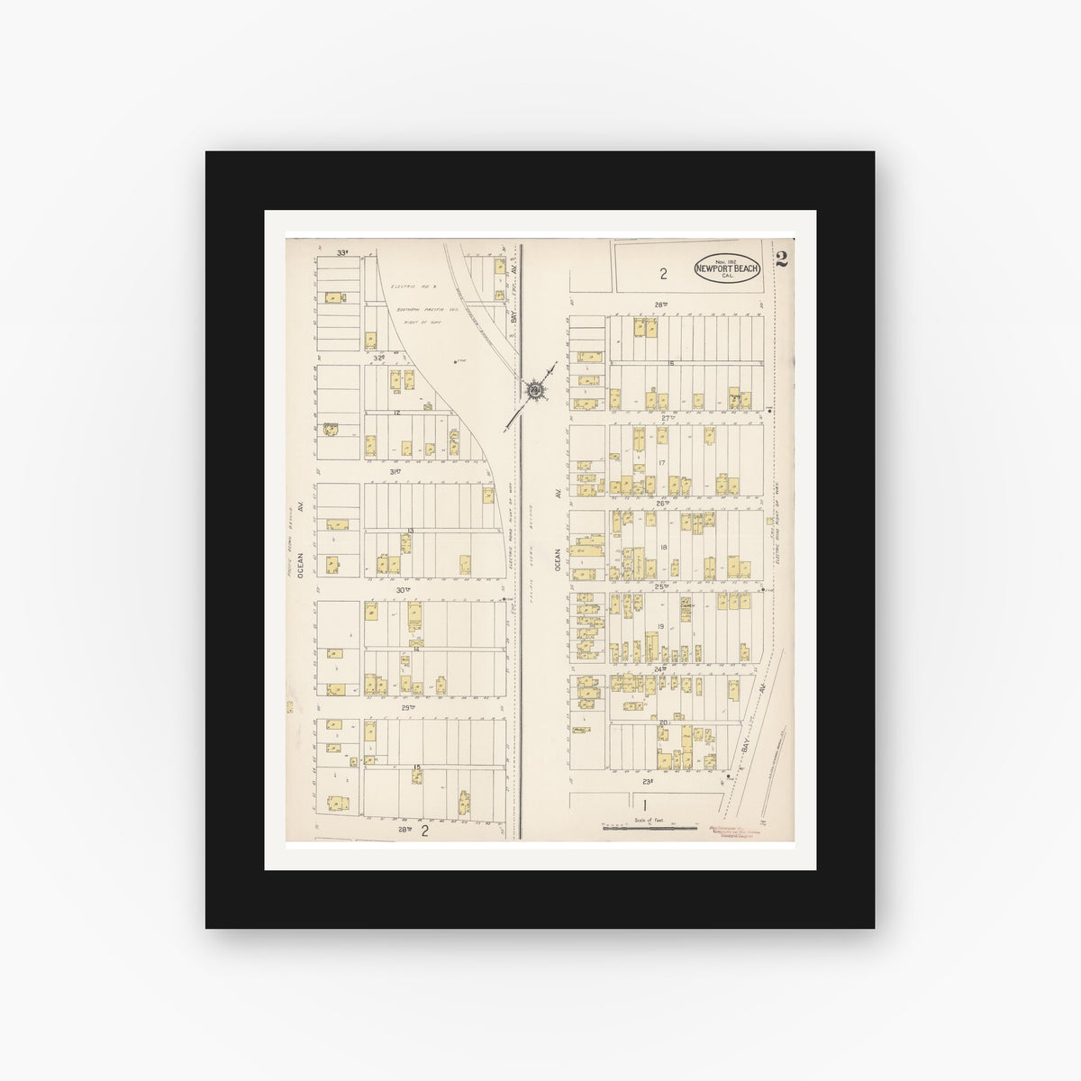Old map wall art mockup — black gallery frame with white mat — Sanborn Fire Insurance Map from Newport Beach, Orange County, California (1912), Sheet #0002