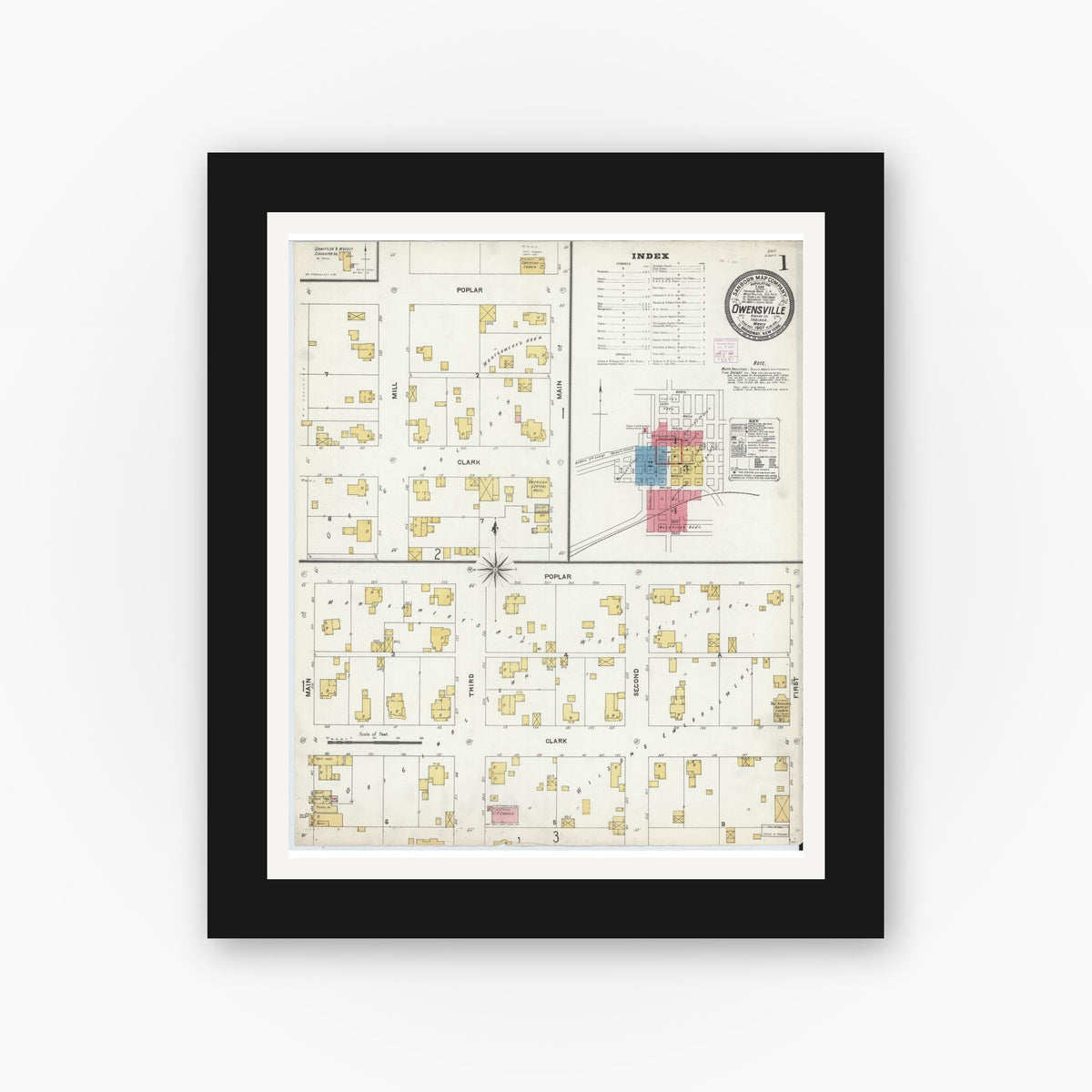 Old map wall art mockup — black gallery frame with white mat — Sanborn Fire Insurance Map from Owensville, Gibson County, Indiana (1907), Sheet #0001