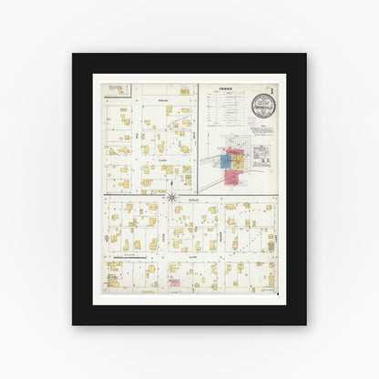 Old map wall art mockup — black gallery frame with white mat — Sanborn Fire Insurance Map from Owensville, Gibson County, Indiana (1907), Sheet #0001