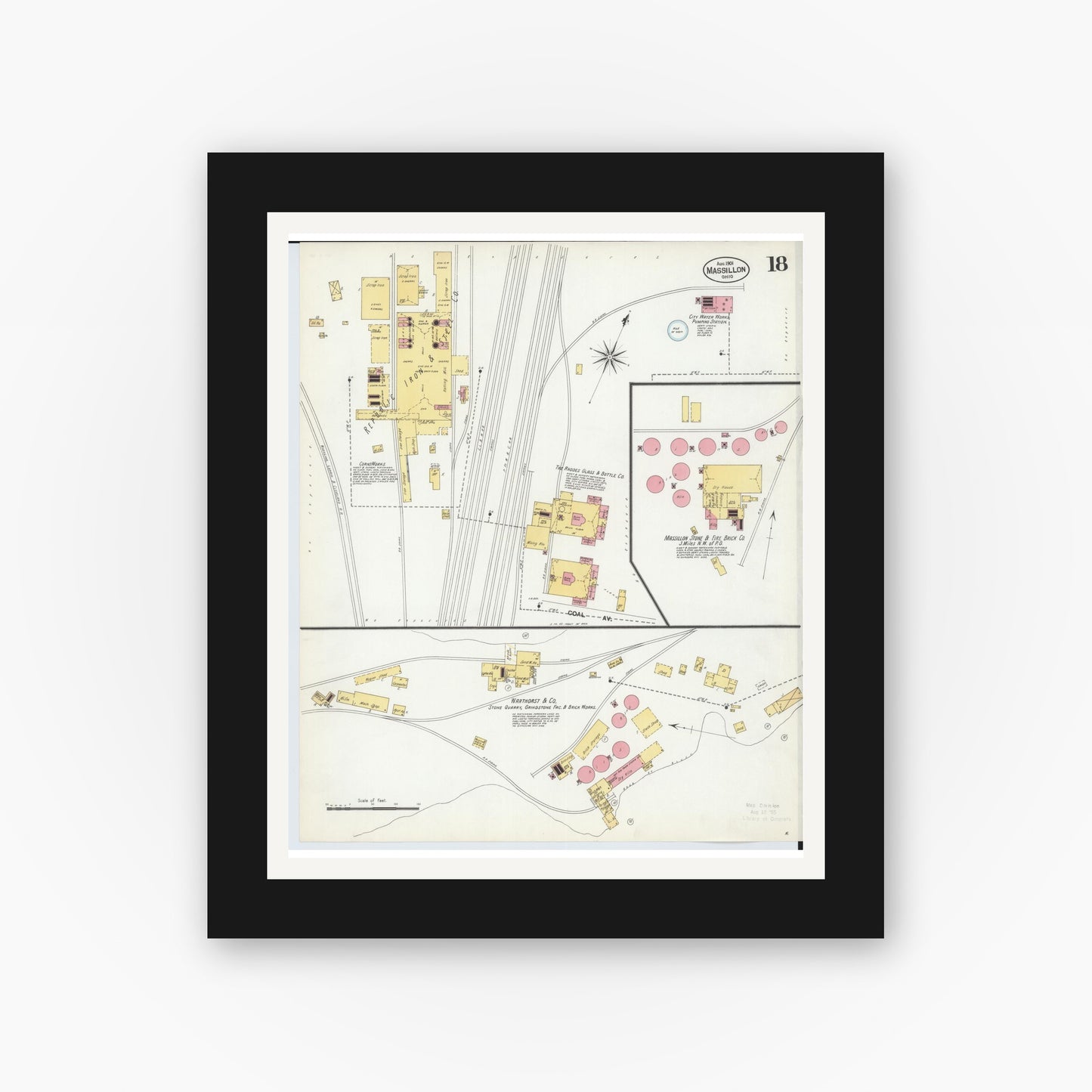 Old map wall art mockup — black gallery frame with white mat — Sanborn Fire Insurance Map from Massillon, Stark County, Ohio (1901), Sheet #0018