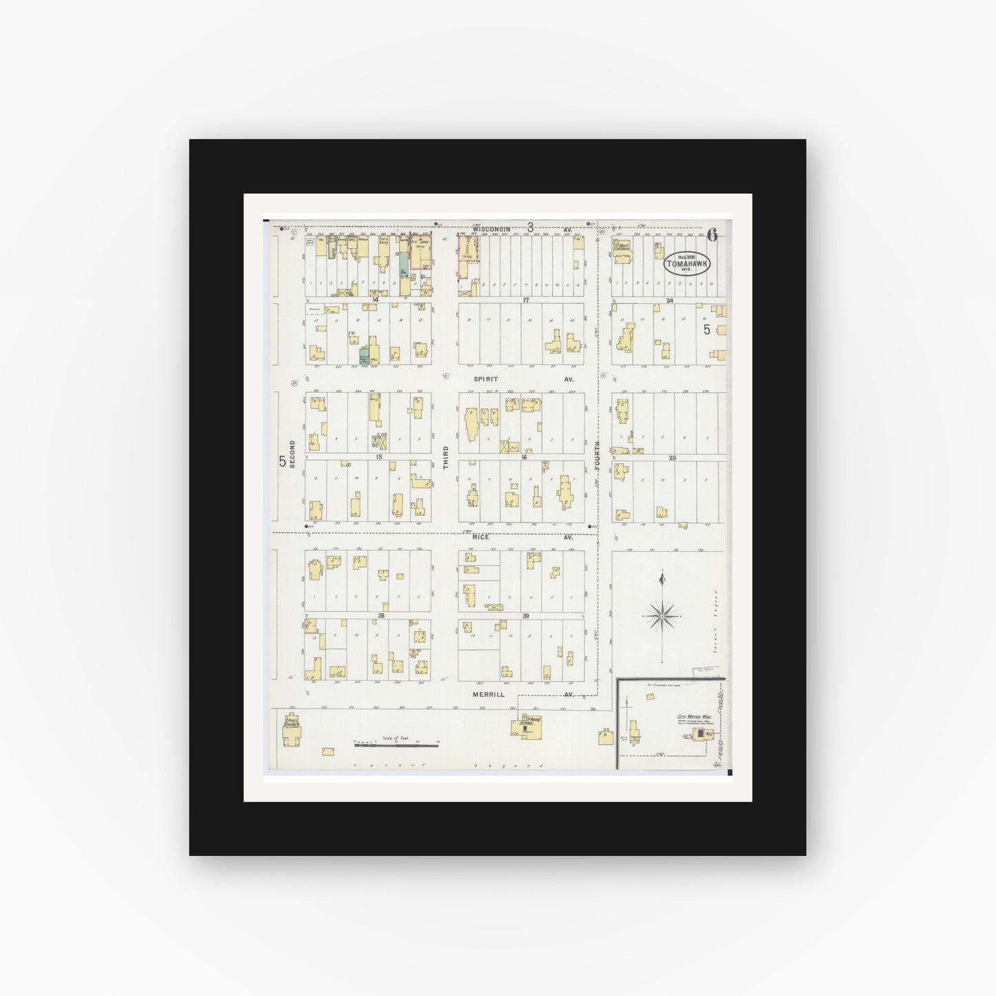Old map wall art mockup — black gallery frame with white mat — Sanborn Fire Insurance Map from Tomahawk, Lincoln County, Wisconsin (1898), Sheet #0006