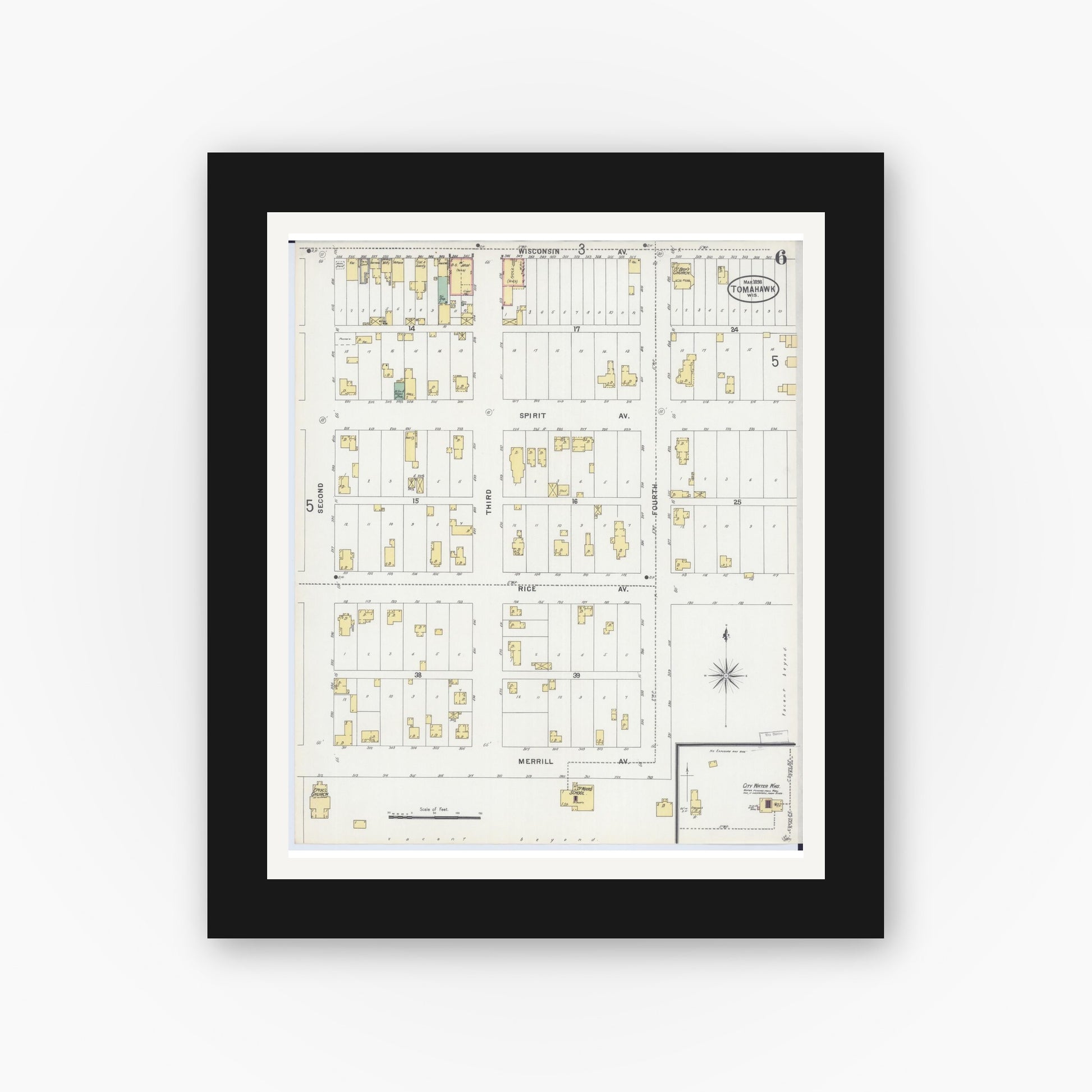 Old map wall art mockup — black gallery frame with white mat — Sanborn Fire Insurance Map from Tomahawk, Lincoln County, Wisconsin (1898), Sheet #0006