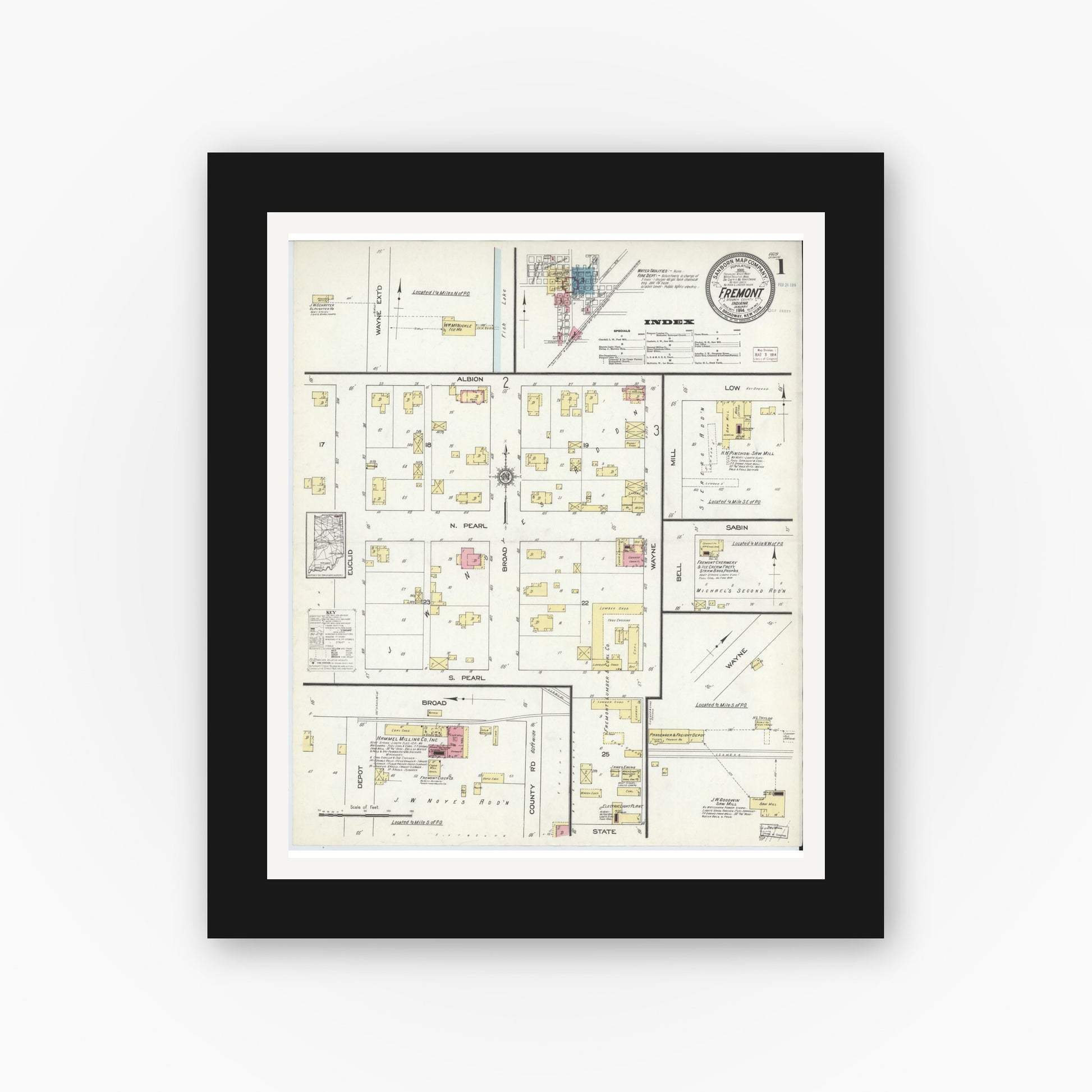 Old map wall art mockup — black gallery frame with white mat — Sanborn Fire Insurance Map from Fremont, Steuben County, Indiana (1914) - Complete Map Set