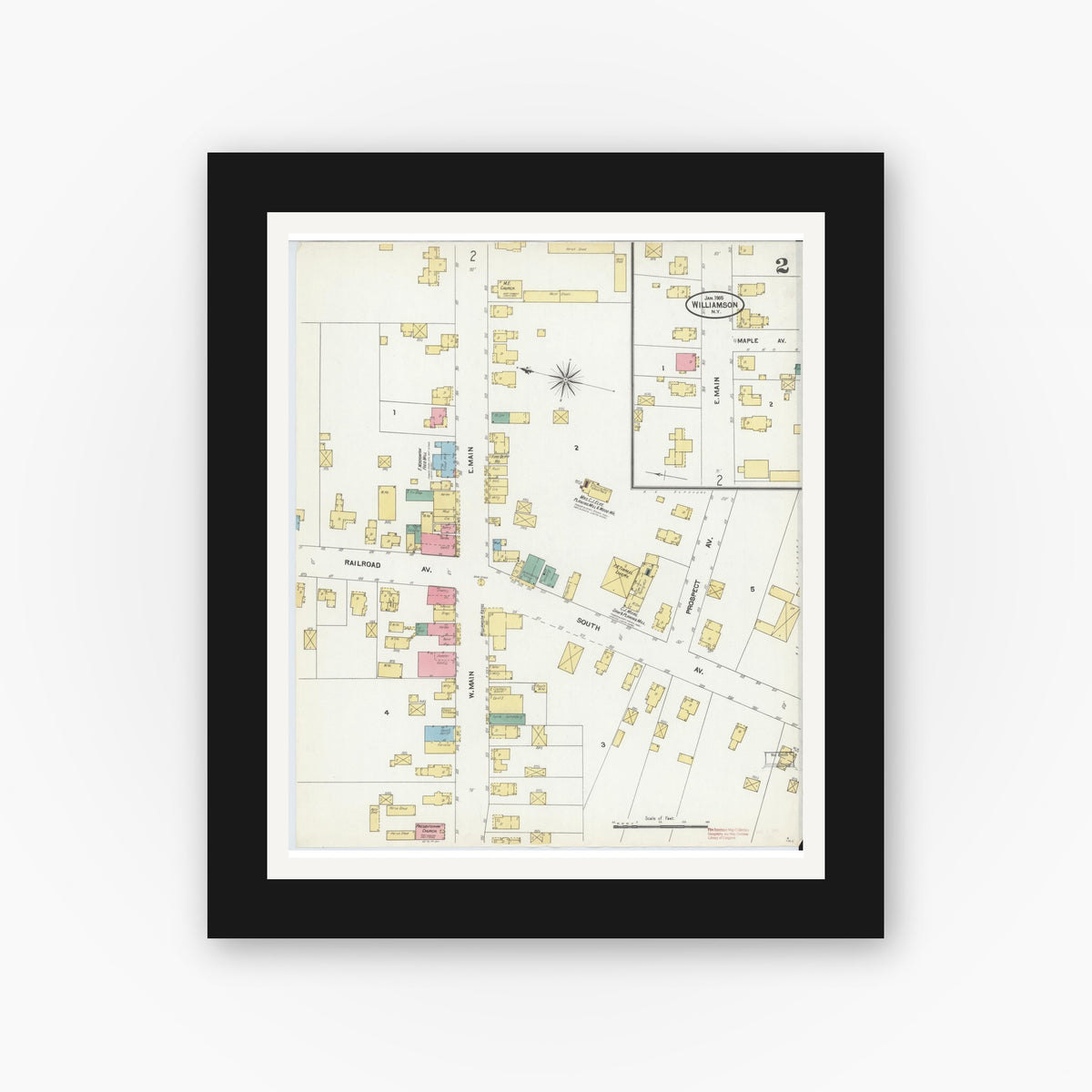 Old map wall art mockup — black gallery frame with white mat — Sanborn Fire Insurance Map from Williamson, Wayne County, New York (1905), Sheet #0002
