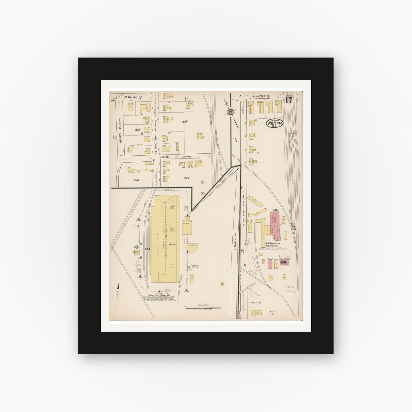 Old map wall art mockup — black gallery frame with white mat — Sanborn Fire Insurance Map from Wilson, Wilson County, North Carolina (1922), Sheet #0017