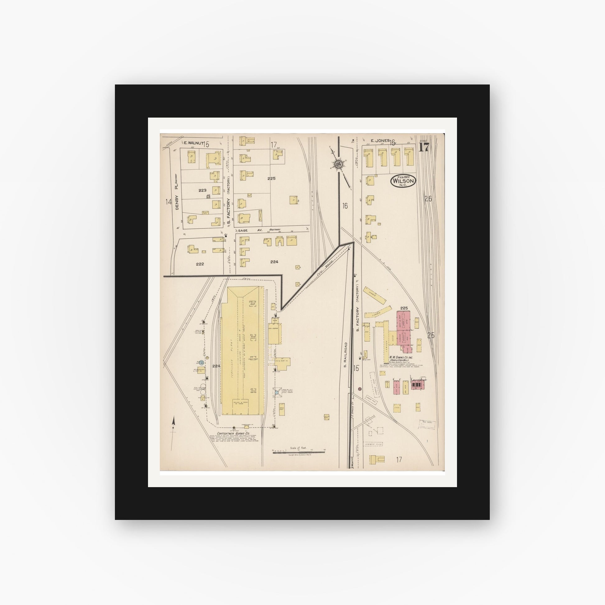 Old map wall art mockup — black gallery frame with white mat — Sanborn Fire Insurance Map from Wilson, Wilson County, North Carolina (1922), Sheet #0017