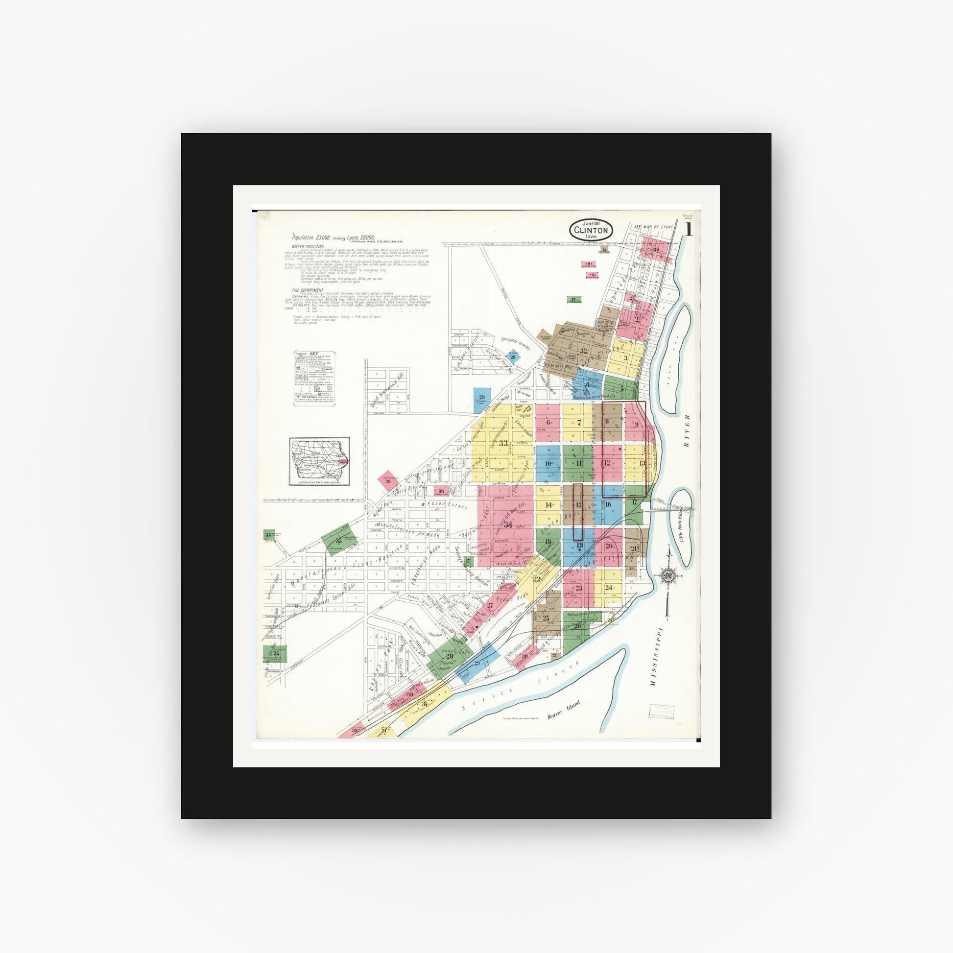 Old map wall art mockup — black gallery frame with white mat — Sanborn Fire Insurance Map from Clinton, Clinton County, Iowa (1917) â€” Complete Set