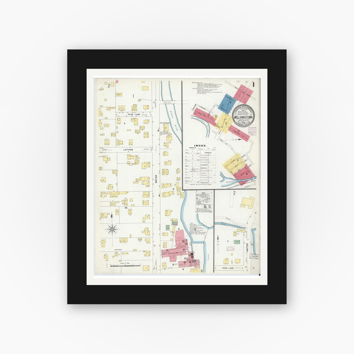 Old map wall art mockup — black gallery frame with white mat — Sanborn Fire Insurance Map from Williamstown, Berkshire County, Massachusetts (1908) - Complete Map Set