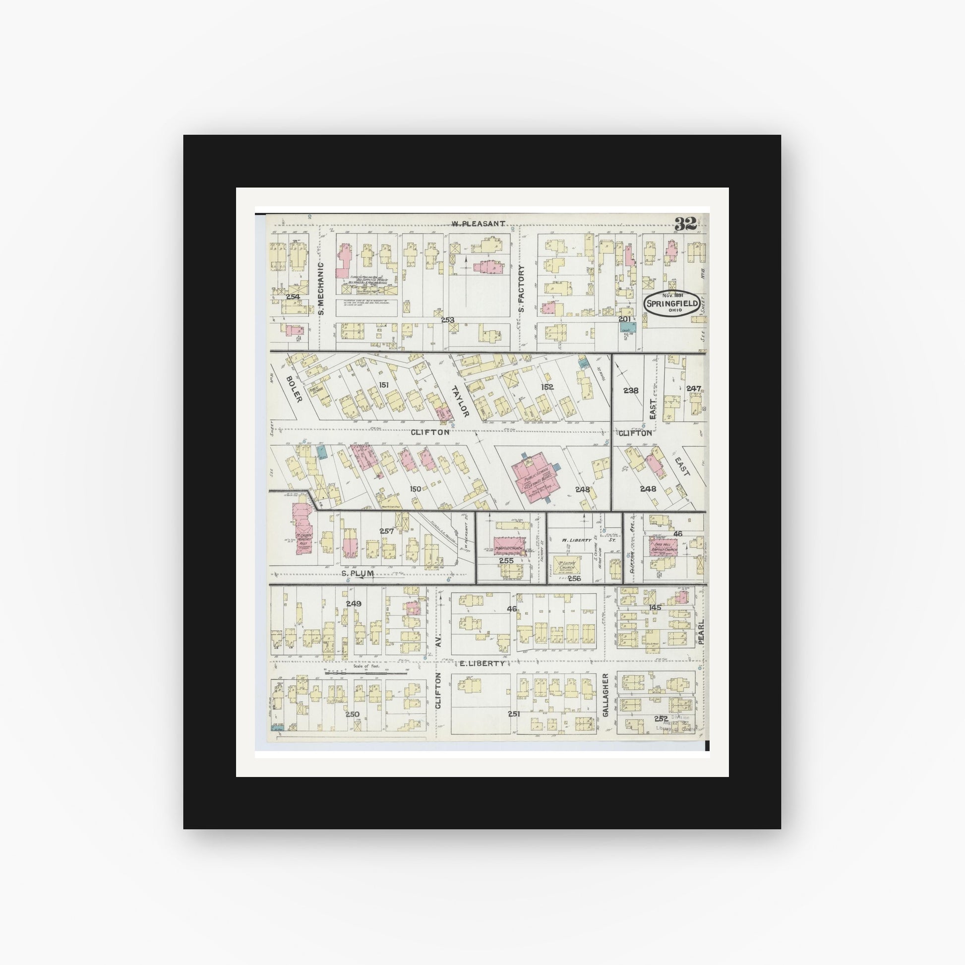 Old map wall art mockup — black gallery frame with white mat — Sanborn Fire Insurance Map from Springfield, Clark County, Ohio (1891), Sheet #0032