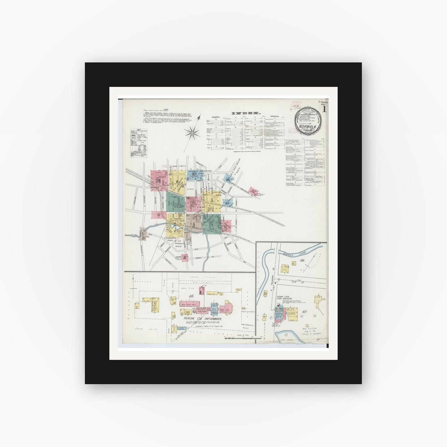 Old map wall art mockup — black gallery frame with white mat — Sanborn Fire Insurance Map from Norwalk, Huron County, Ohio (1893), Sheet #0001
