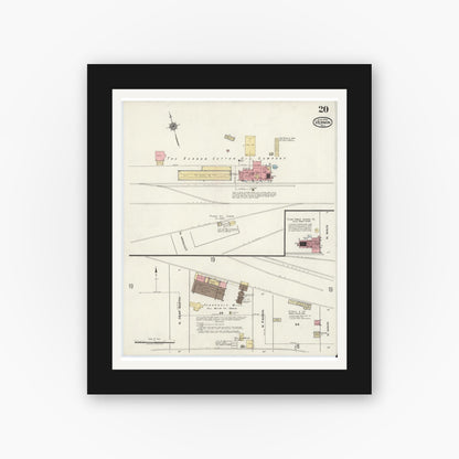Old map wall art mockup — black gallery frame with white mat — Sanborn Fire Insurance Map from Vernon, Wilbarger County, Texas (1920), Sheet #0020