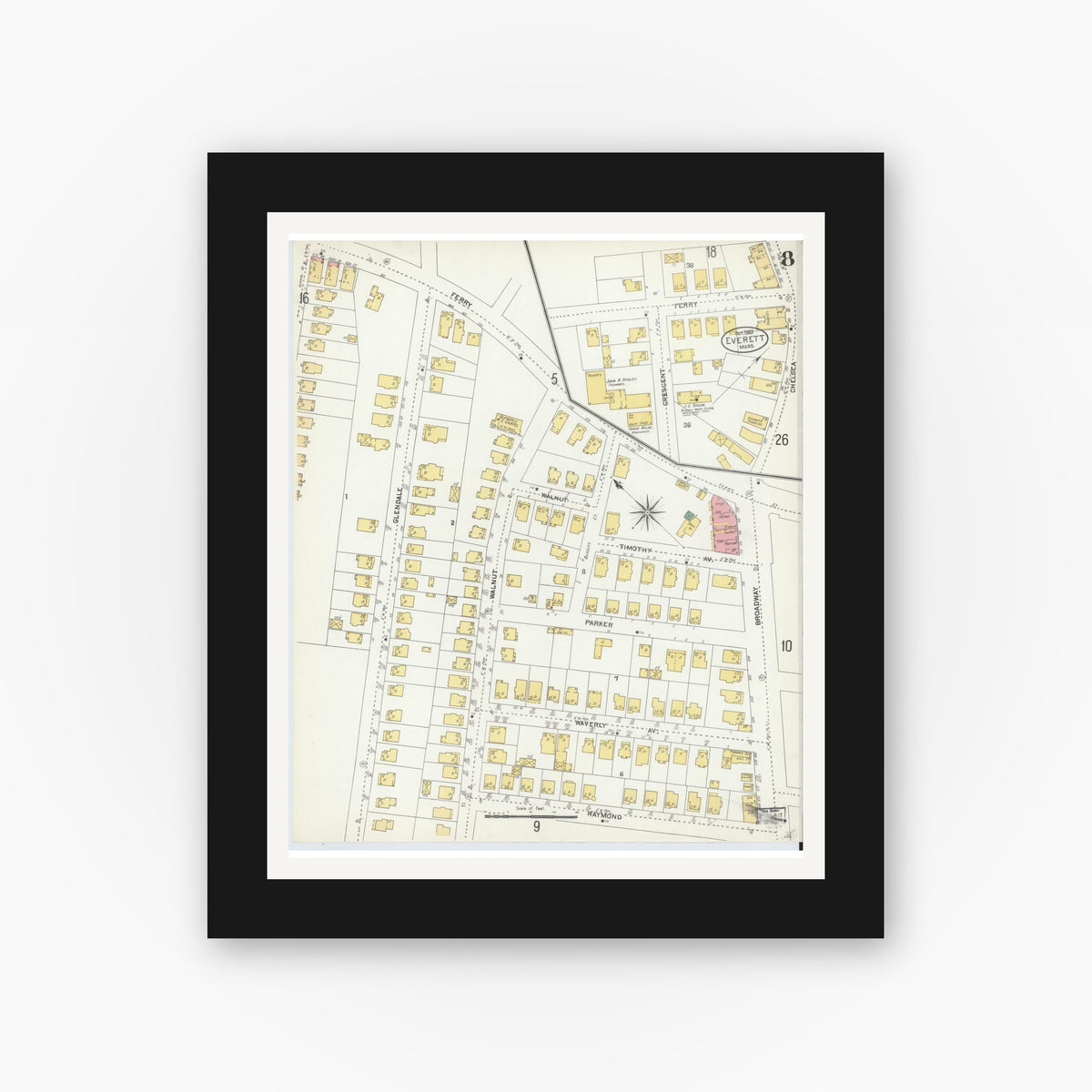Old map wall art mockup — black gallery frame with white mat — Sanborn Fire Insurance Map from Everett, Middlesex County, Massachusetts (1903), Sheet #0008