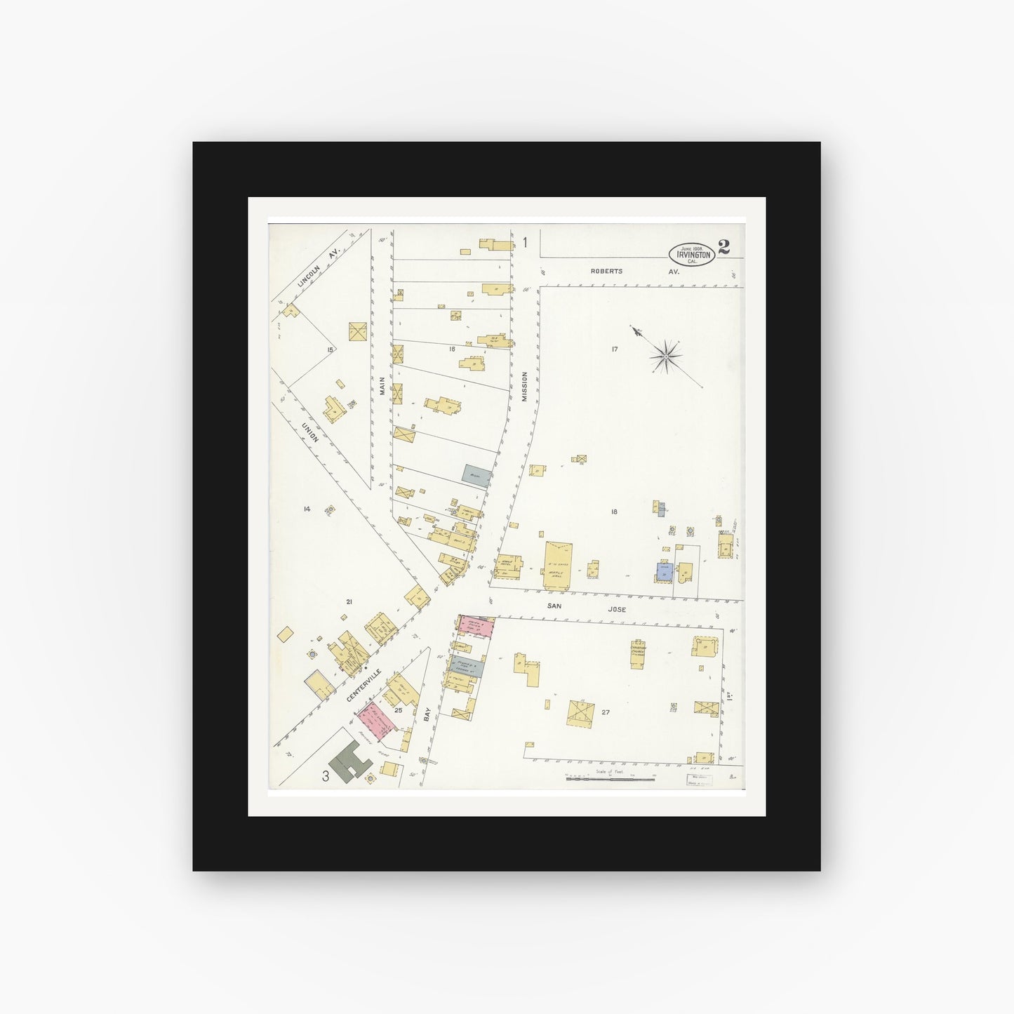 Old map wall art mockup — black gallery frame with white mat — Sanborn Fire Insurance Map from Irvington, Alameda County, California (1908), Sheet #0002
