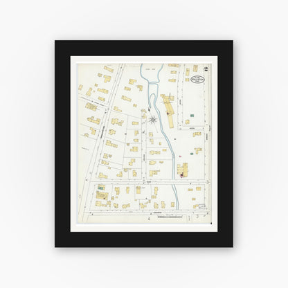 Old map wall art mockup — black gallery frame with white mat — Sanborn Fire Insurance Map from Holliston, Middlesex County, Massachusetts (1906), Sheet #0002
