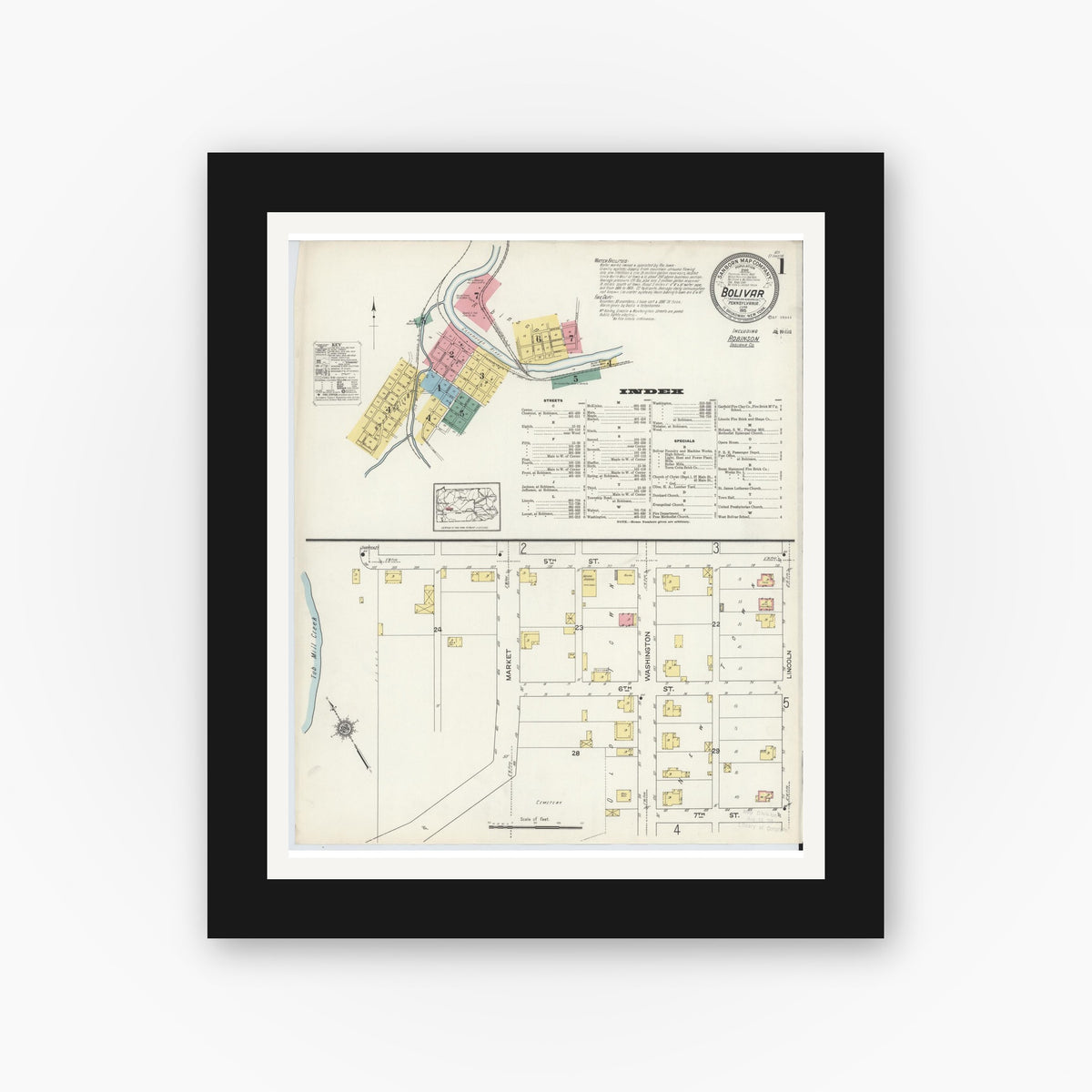 Old map wall art mockup — black gallery frame with white mat — Sanborn Fire Insurance Map from Bolivar, Westmoreland County, Pennsylvania (1915) - Complete Map Set