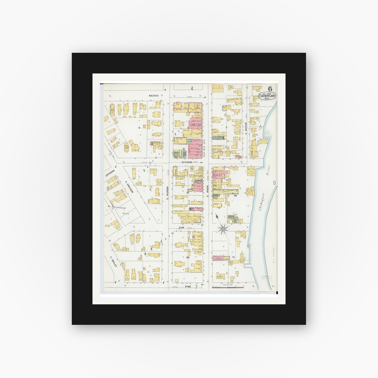 Old map wall art mockup — black gallery frame with white mat — Sanborn Fire Insurance Map from Cheboygan, Cheboygan County, Michigan (1900), Sheet #0006
