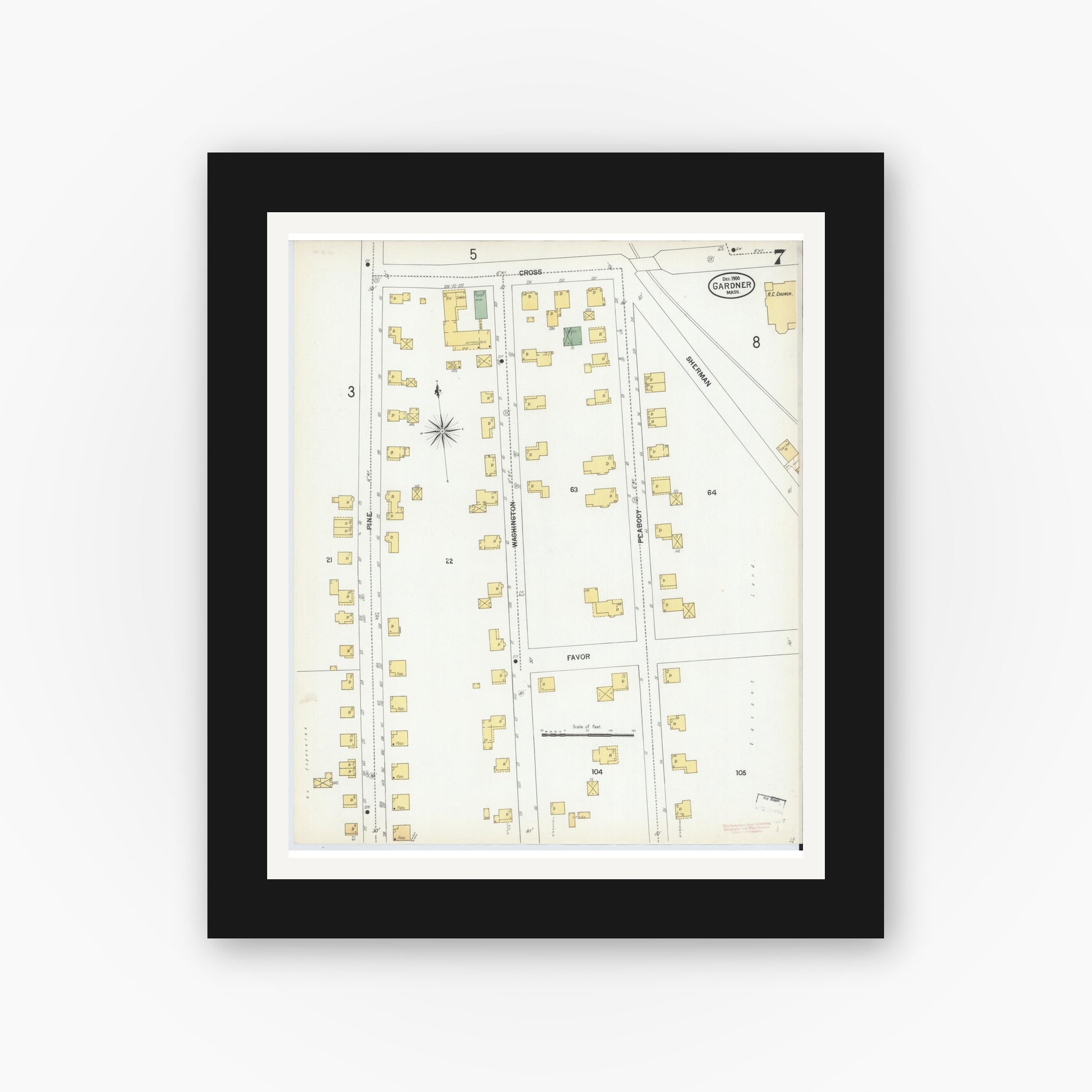 Old map wall art mockup — black gallery frame with white mat — Sanborn Fire Insurance Map from Gardner, Worcester County, Massachusetts (1900), Sheet #0007